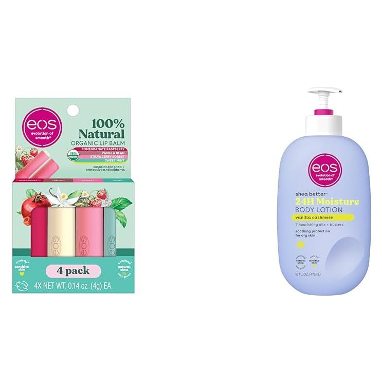 Bálsamo Labial Orgánico eos 4 Sabores + Loción Corporal 473ml