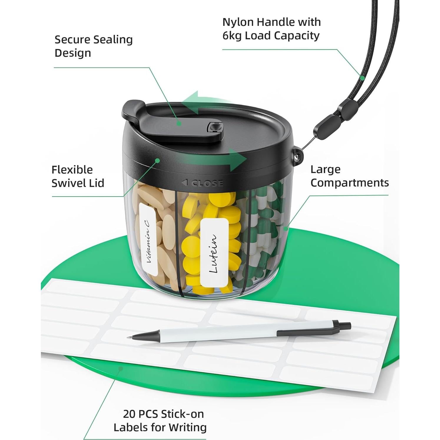 Botella dispensadora de pastillas PULIV, organizador 7 compartimentos