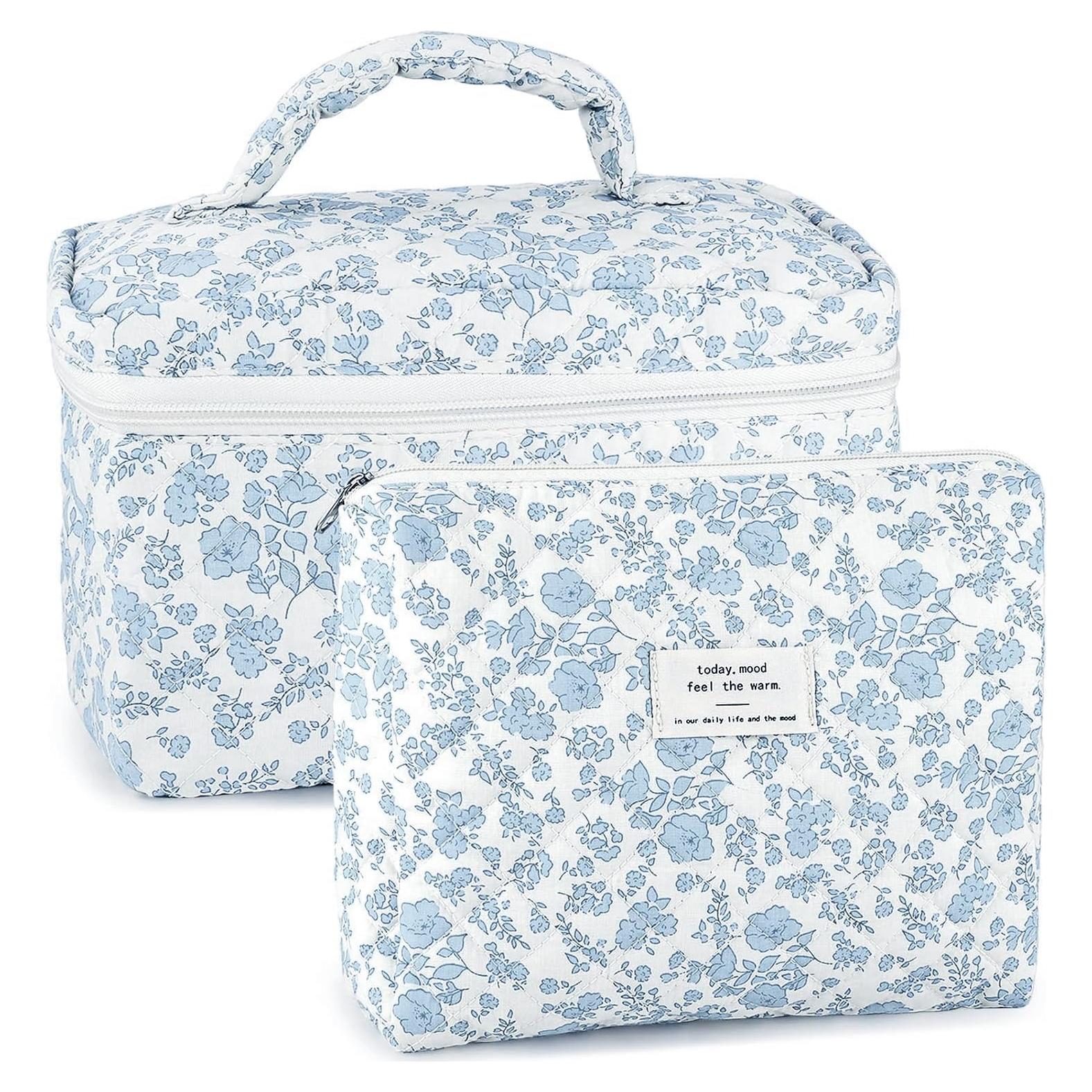 Juego de 2 bolsas de maquillaje acolchadas URSKYTOUS - Floral Azul