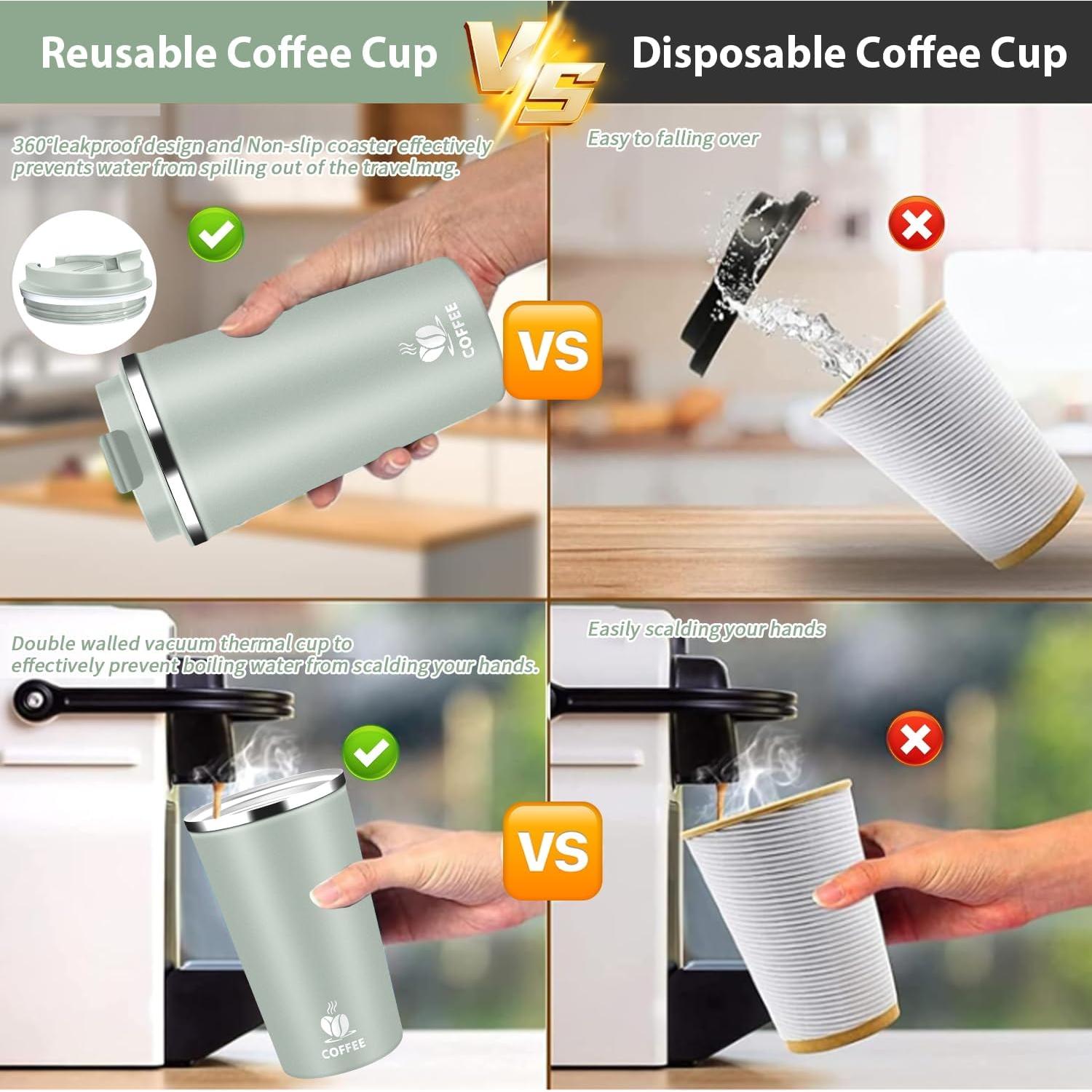 Taza de Café Aislada QEMAUUA 500ml Verde a Prueba de Fugas