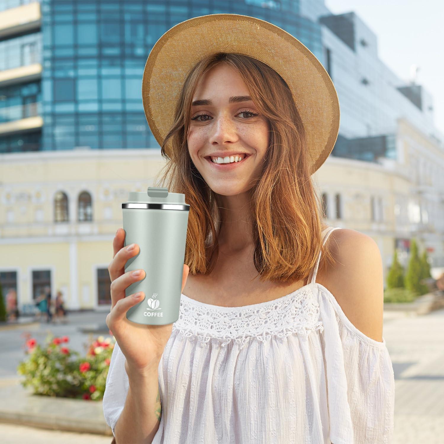 Taza de Café Aislada QEMAUUA 500ml Verde a Prueba de Fugas