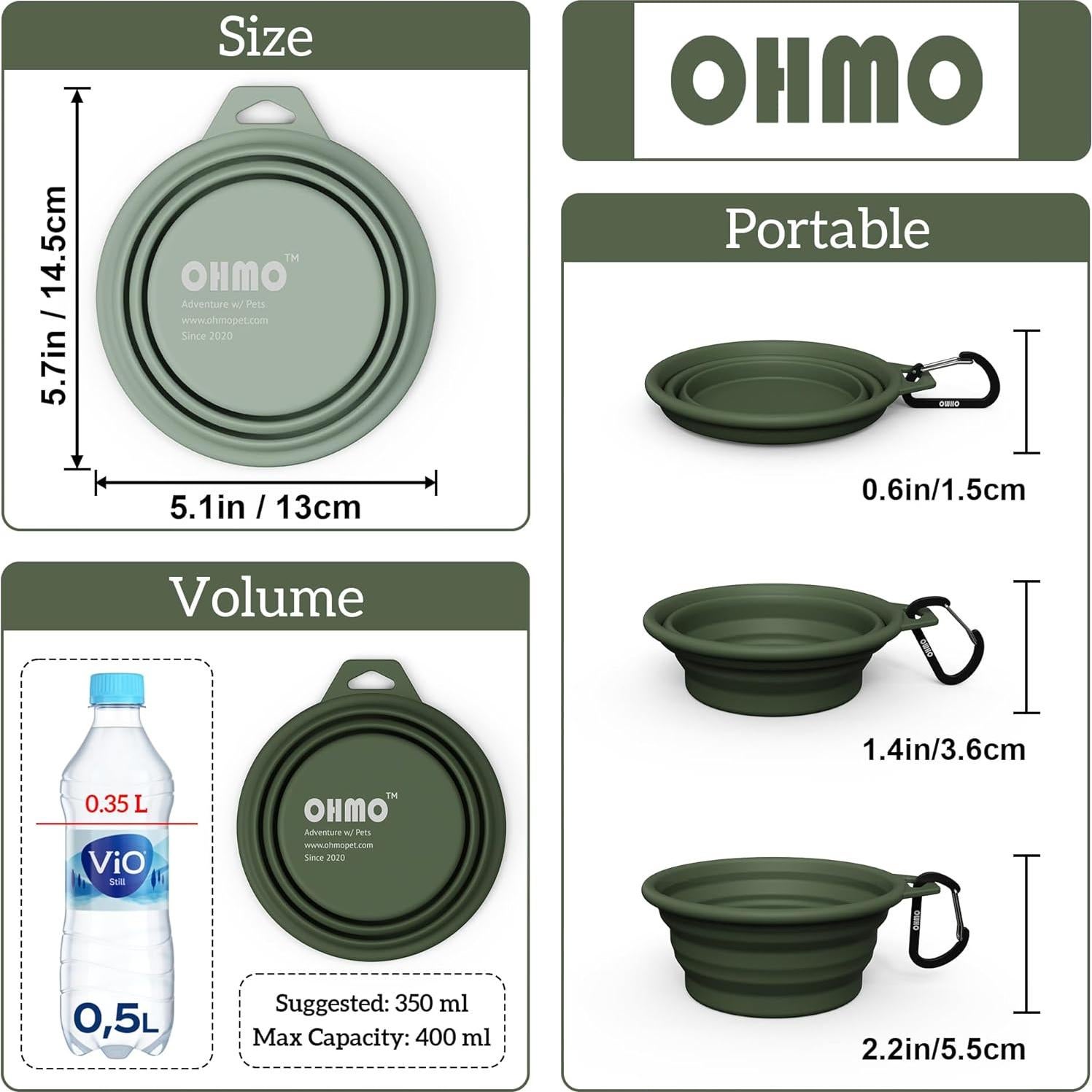 OHMO Collapsible Dog Bowl(2 Pack, Camo&Light Green 12oz/400ml) Premium Silicone Pet Water Bowls for Cats & Dogs, Portable Dog Travel Bowls Foldable for Outdoor Camping Hiking