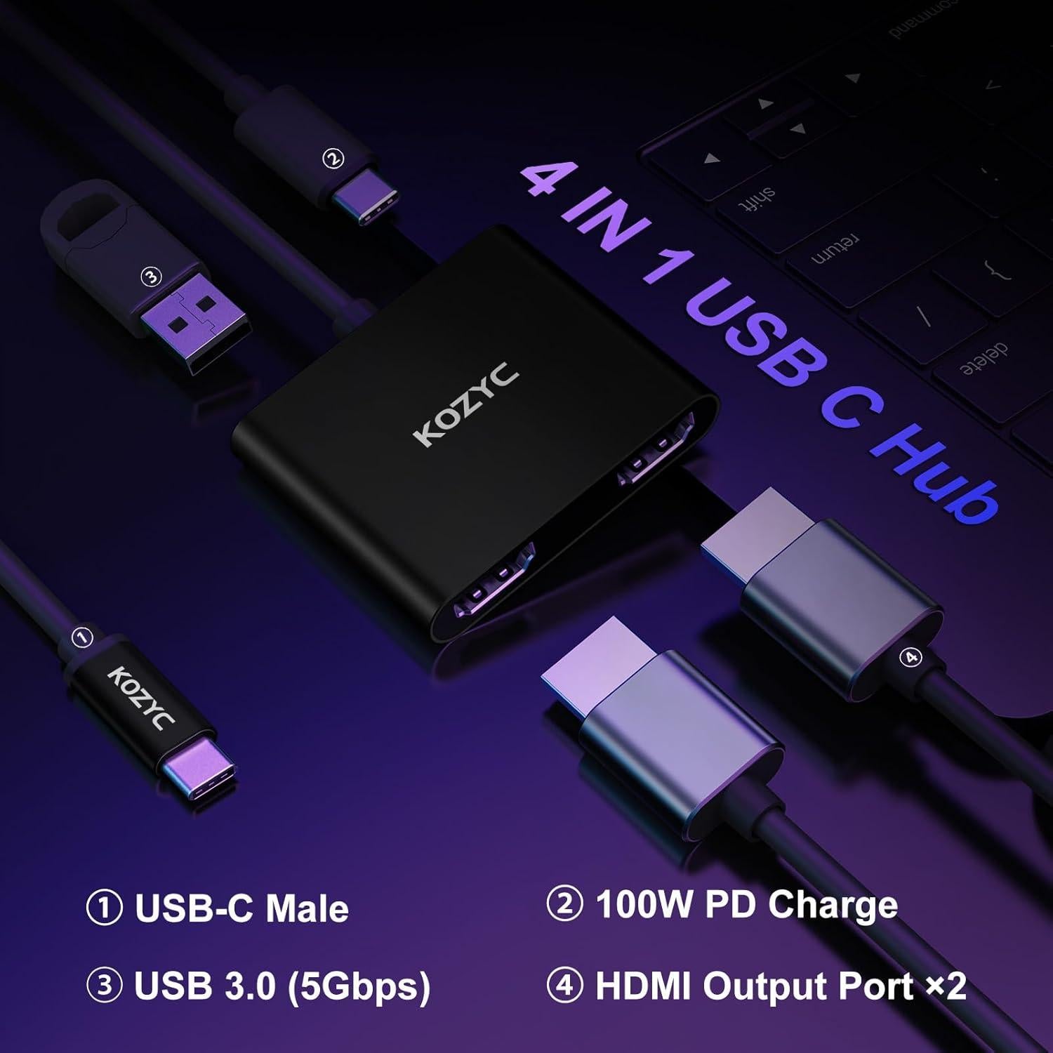 Adaptador USB C a Doble HDMI 4K KOZYC Hub 4 en 1 Negro
