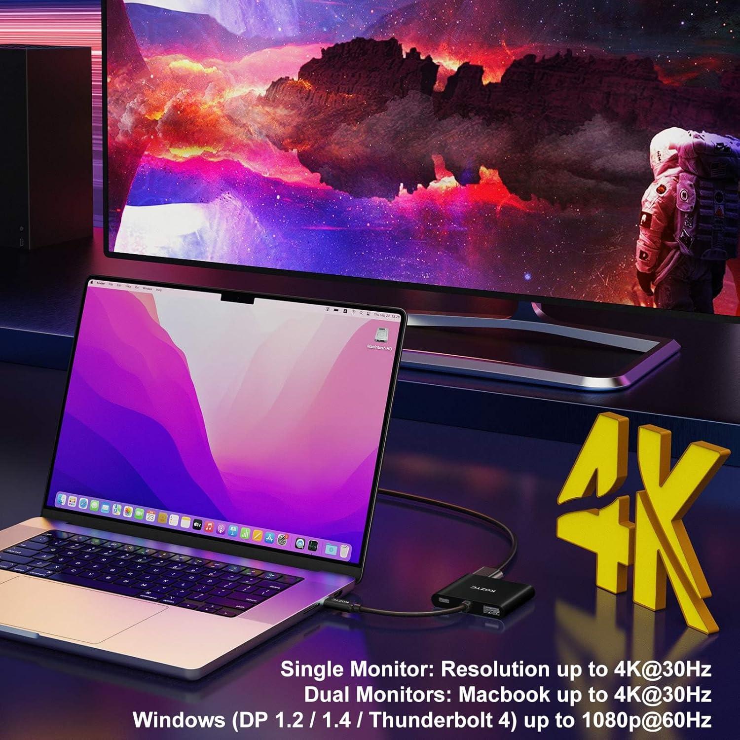 Adaptador USB C a Doble HDMI 4K KOZYC Hub 4 en 1 Negro