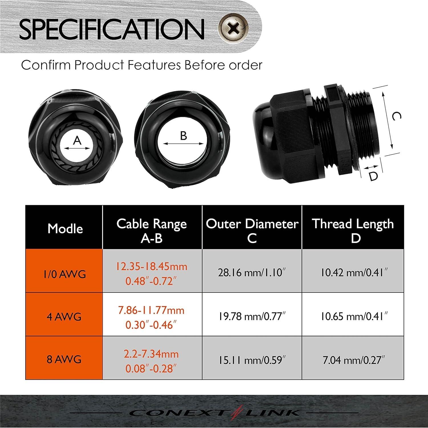 Bushing a Prueba de Agua IP68 Conext Link 5pcs Nylon Negro