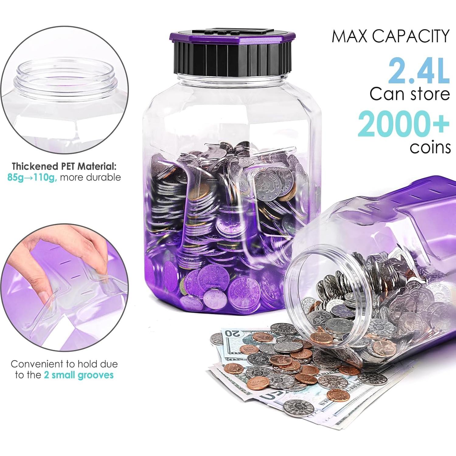 X-Large Piggy Bank for Adults Kids, Vcertcpl Digital Coin Counting Bank with LCD Counter, 2.4L Capacity, Great Coin Counter Bank Money Counting Jar with Total Amount Displayed (Gradient Purple)