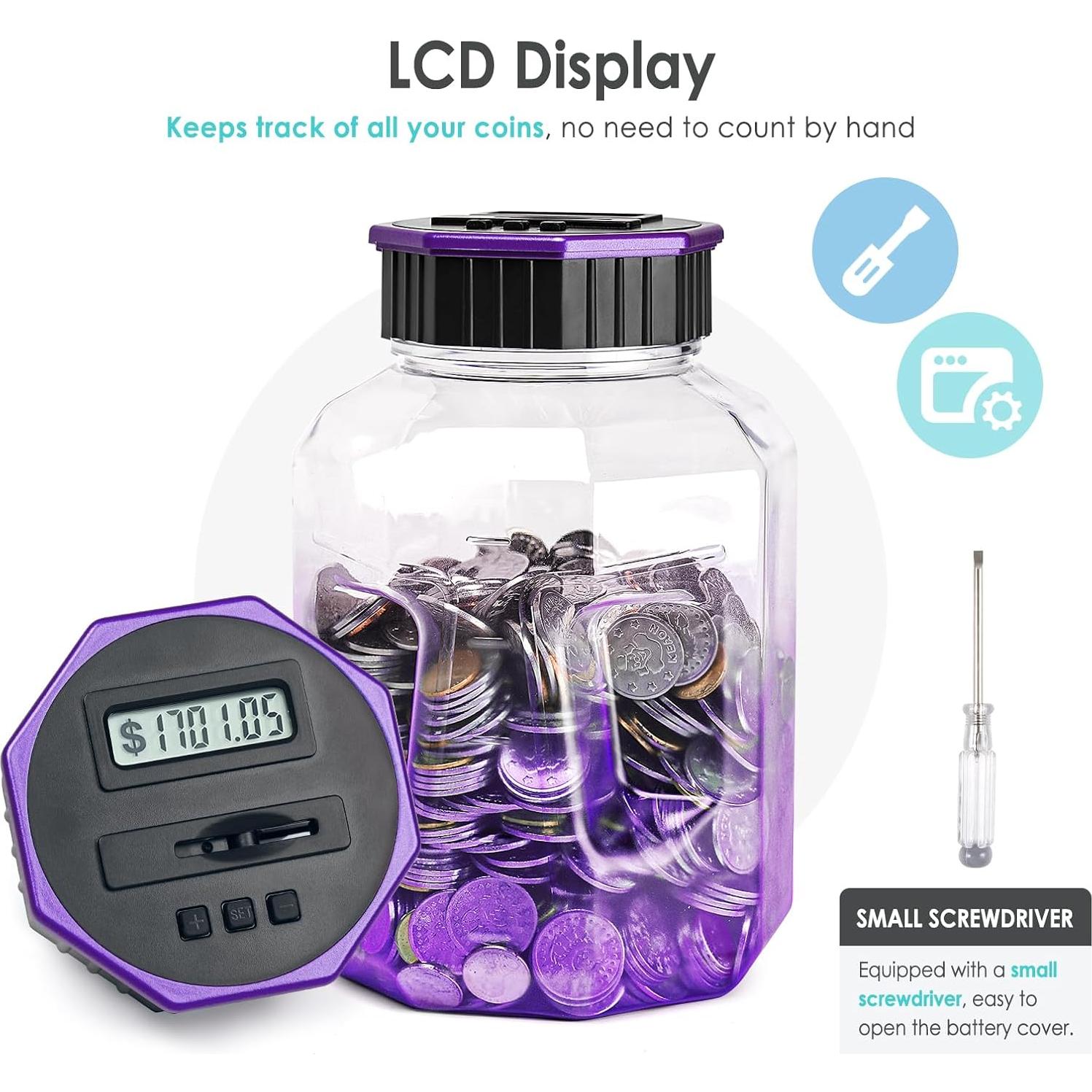 X-Large Piggy Bank for Adults Kids, Vcertcpl Digital Coin Counting Bank with LCD Counter, 2.4L Capacity, Great Coin Counter Bank Money Counting Jar with Total Amount Displayed (Gradient Purple)
