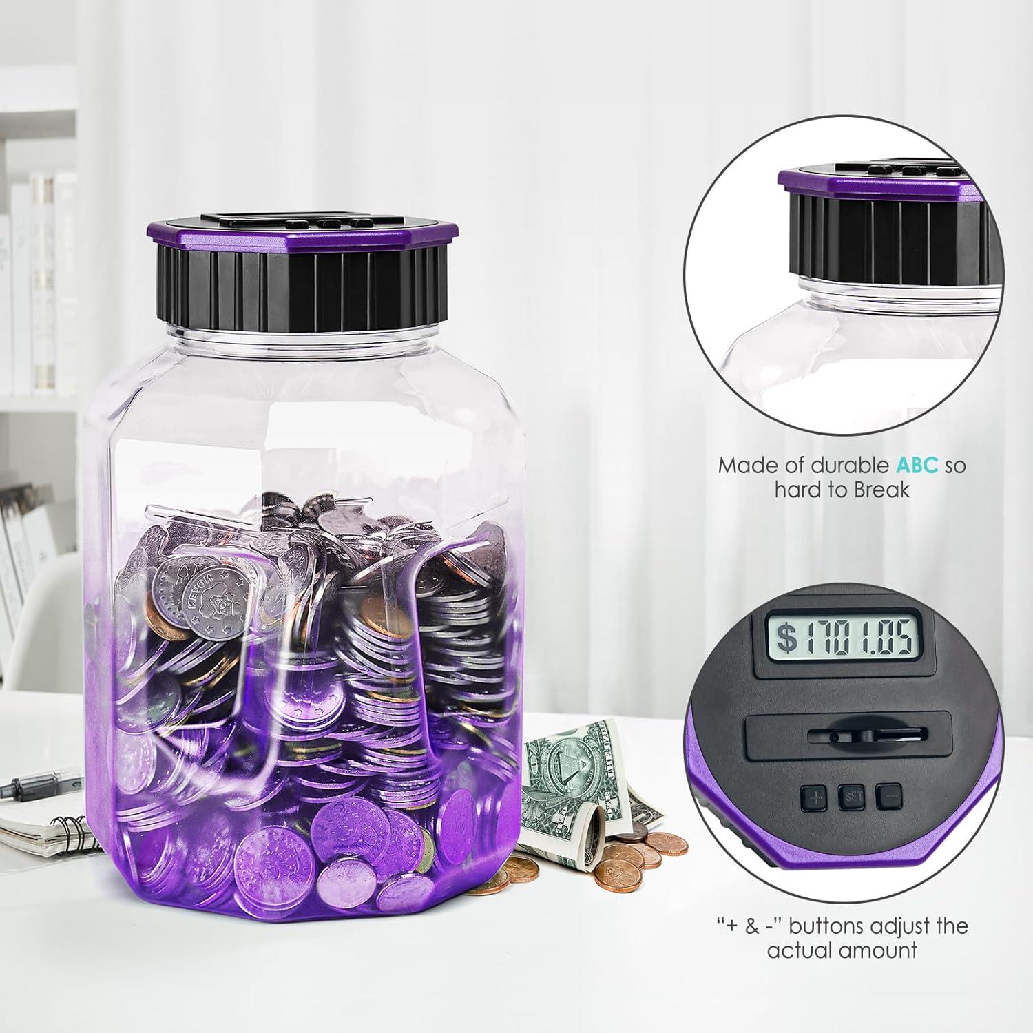 X-Large Piggy Bank for Adults Kids, Vcertcpl Digital Coin Counting Bank with LCD Counter, 2.4L Capacity, Great Coin Counter Bank Money Counting Jar with Total Amount Displayed (Gradient Purple)