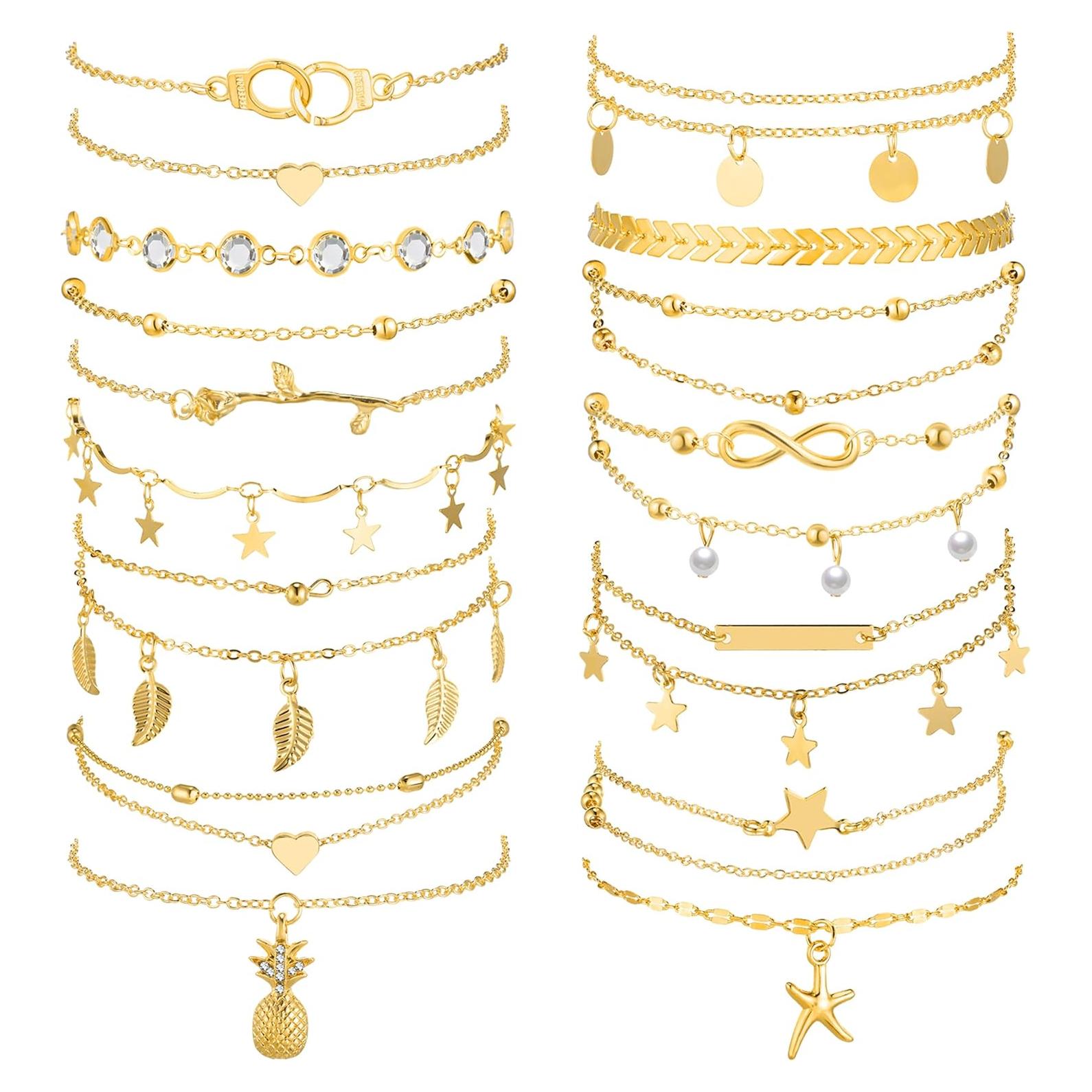 Conjunto de 16 Pulseras de Tobillo Hicarer para Mujeres Doradas
