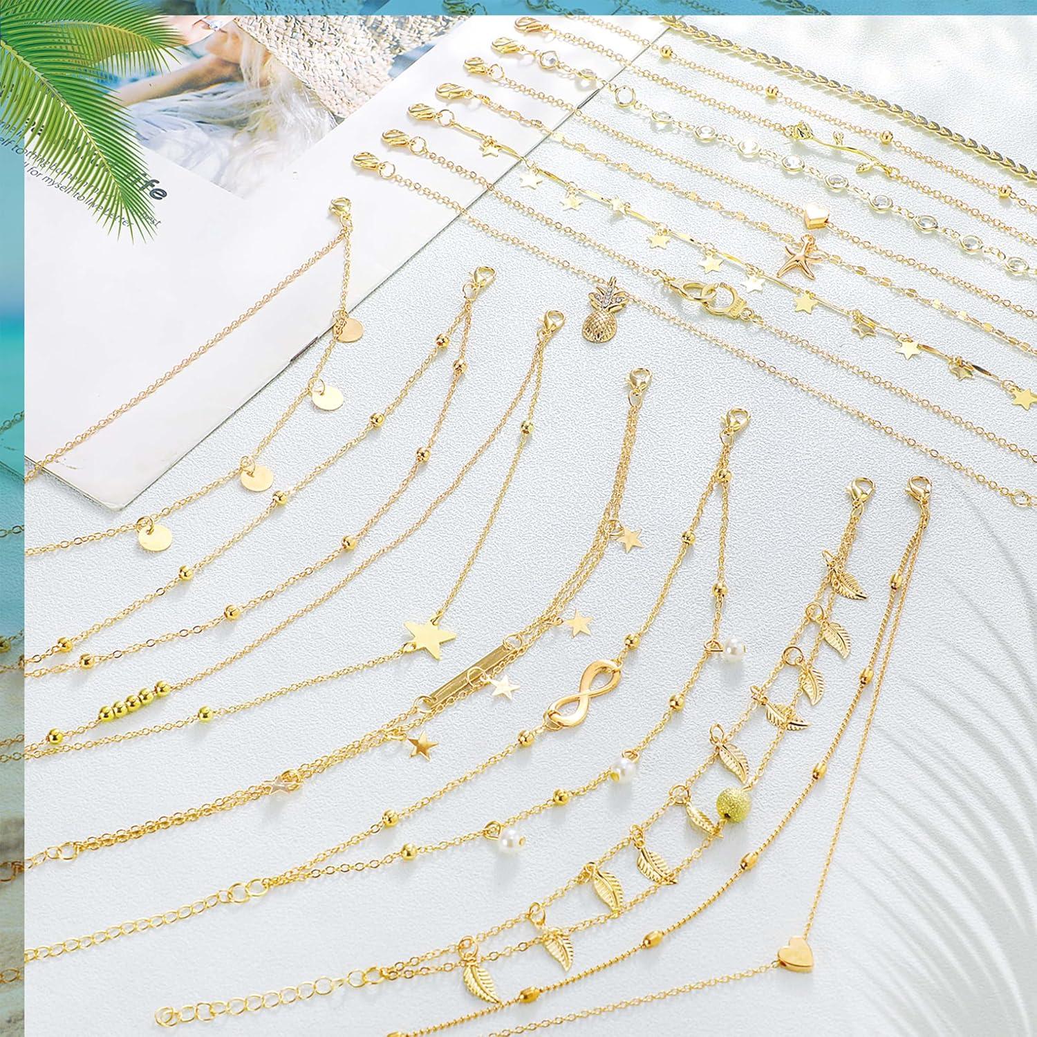 Conjunto de 16 Pulseras de Tobillo Hicarer para Mujeres Doradas
