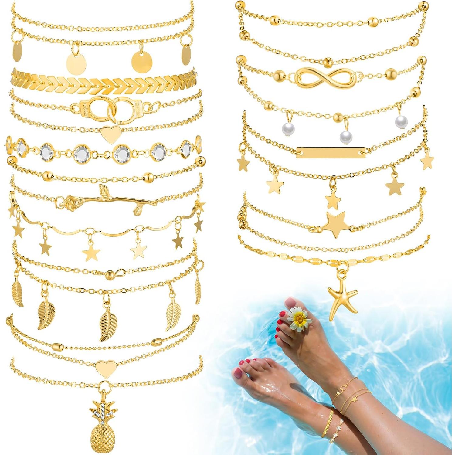 Conjunto de 16 Pulseras de Tobillo Hicarer para Mujeres Doradas
