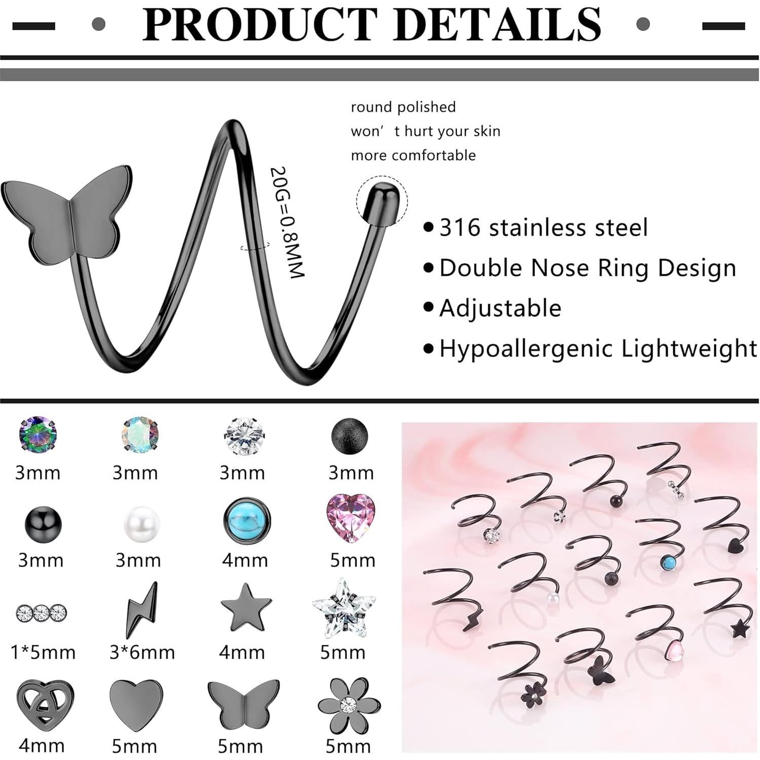 Aros de Nariz Doble FASACCO 16Pcs Acero Inoxidable 20G