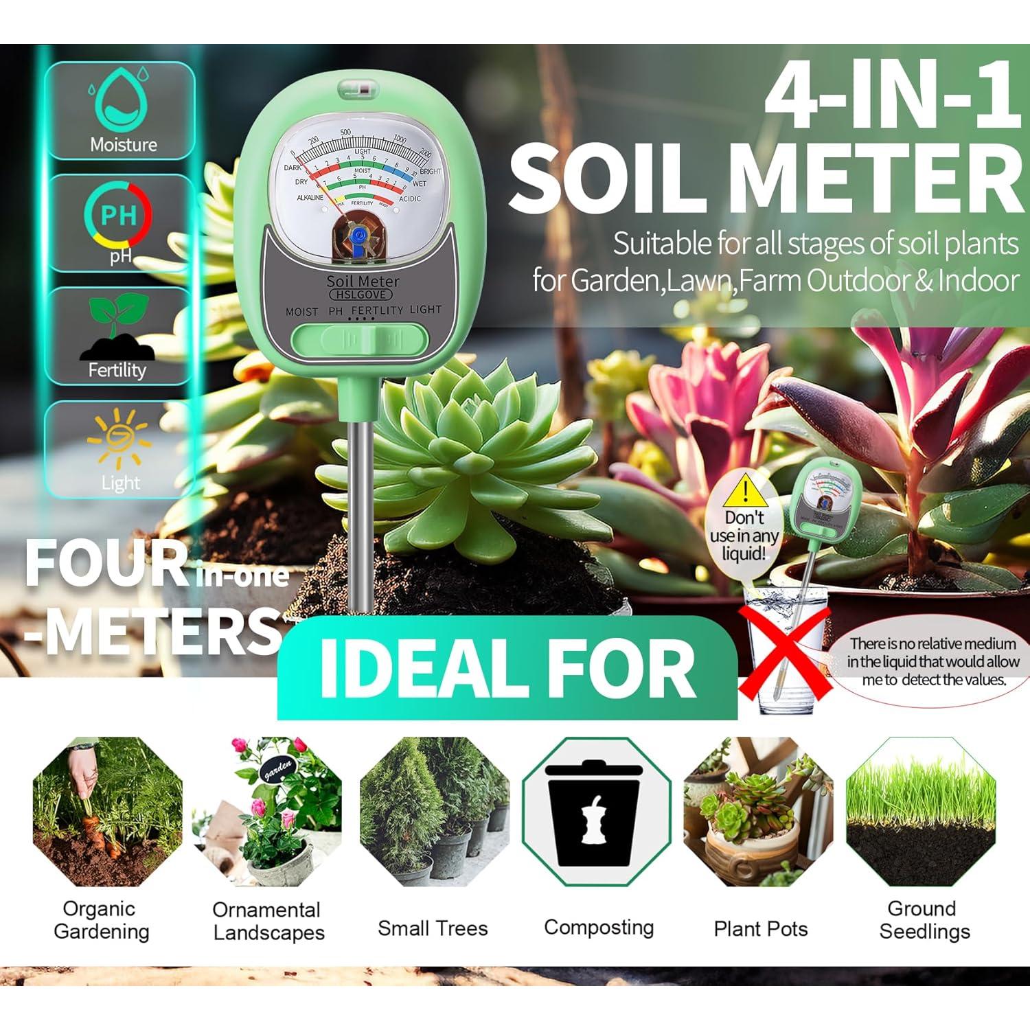 Kit de Prueba de Suelo 4-en-1 HSLGOVE - Medidor de pH, Humedad y Luz