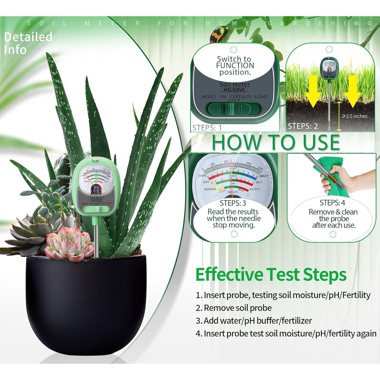 Kit de Prueba de Suelo 4-en-1 HSLGOVE - Medidor de pH, Humedad y Luz