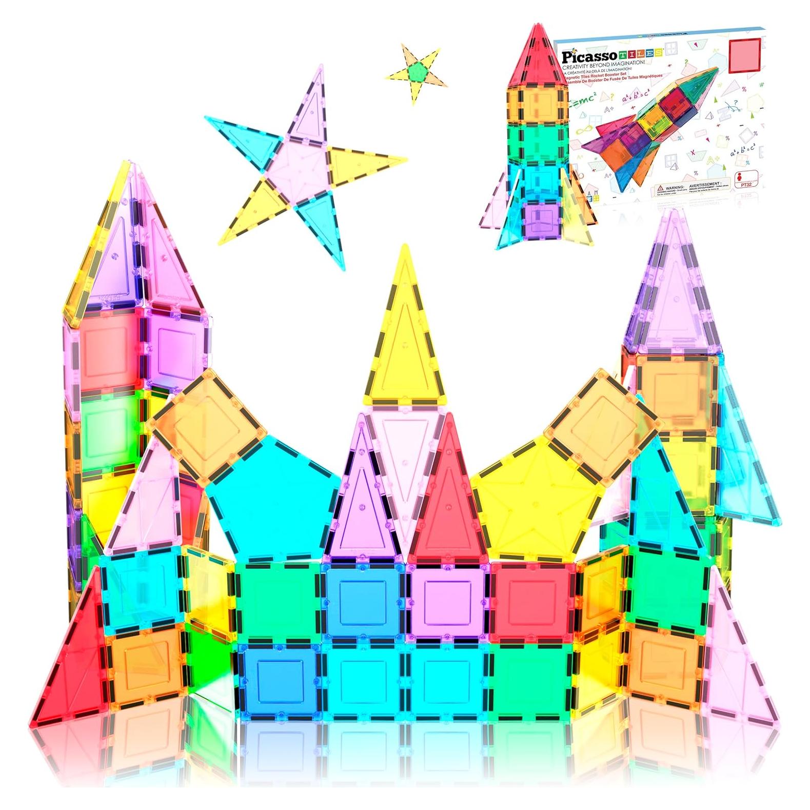 PicassoTiles Magnetic Building Block Rocket Booster Theme Set Magnet Construction Toy Educational Kit Engineering STEM Learning Playset Child Brain Development Stacking Blocks Playboard PT32