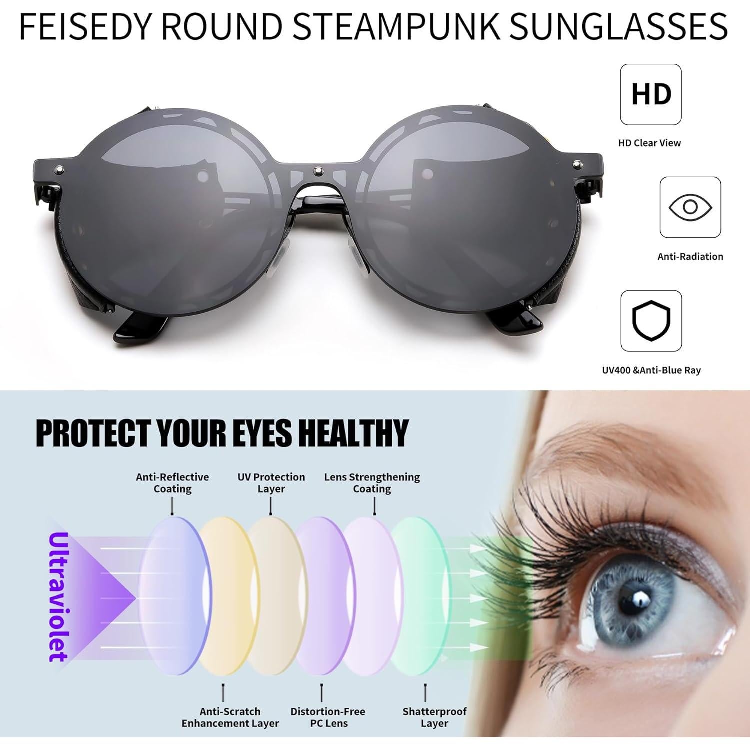 Gafas de Sol Retro Steampunk FEISEDY Unisex UV400