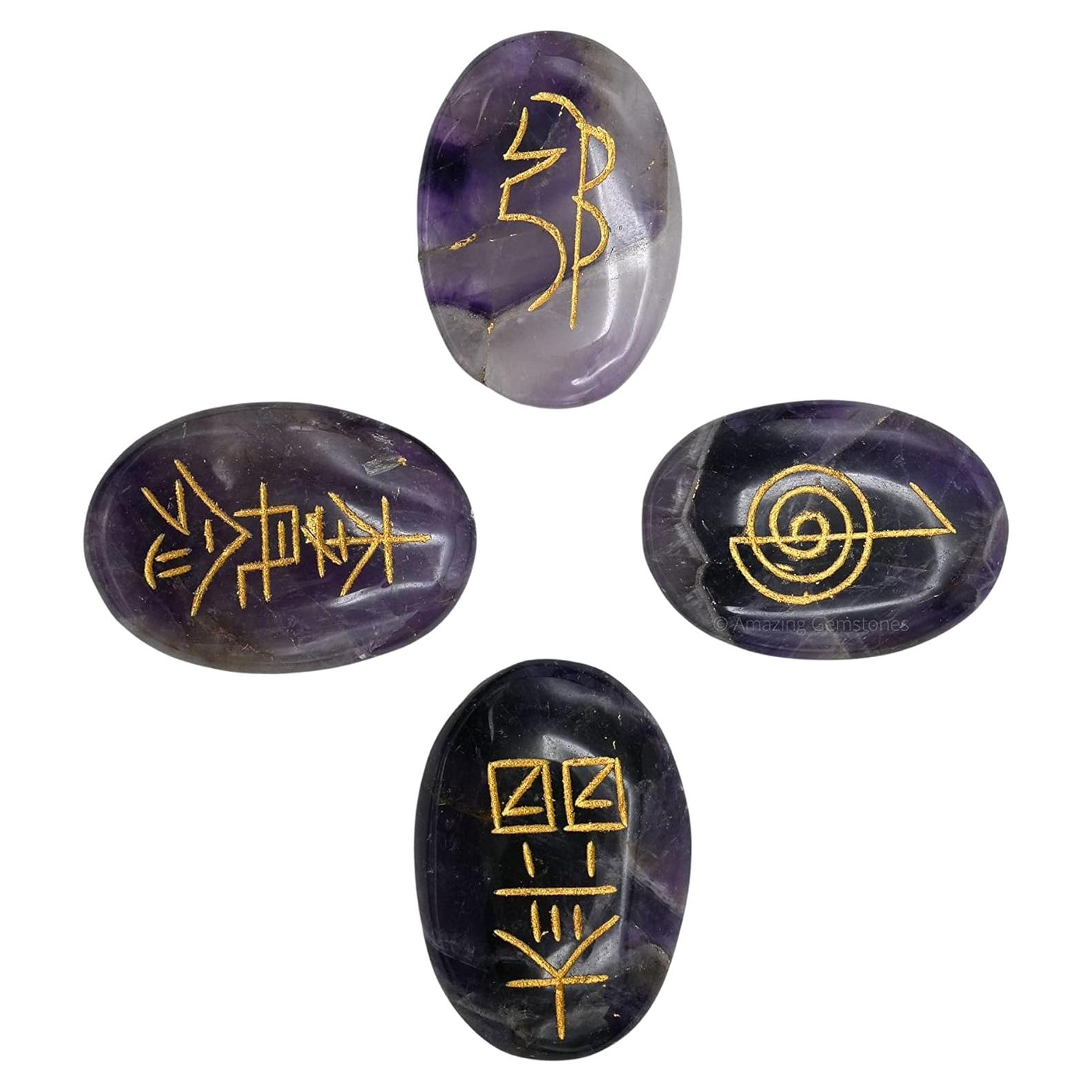 Set de 4 Piedras de Amatista Reiki con Símbolos Usui Grabados