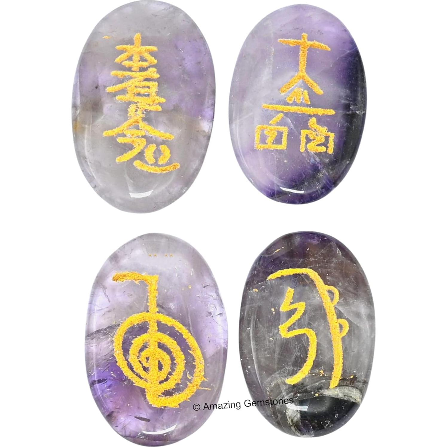 Set de 4 Piedras de Amatista Reiki con Símbolos Usui Grabados
