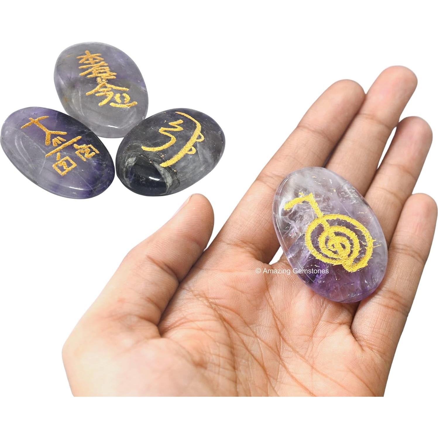 Set de 4 Piedras de Amatista Reiki con Símbolos Usui Grabados