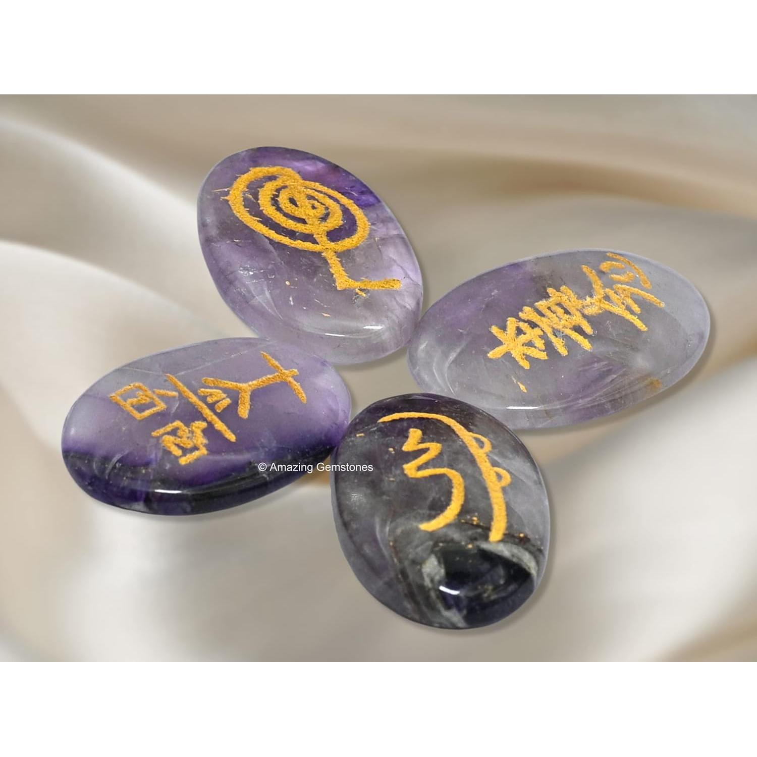Set de 4 Piedras de Amatista Reiki con Símbolos Usui Grabados