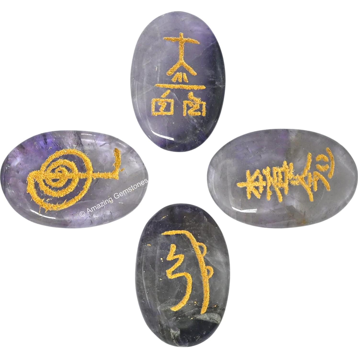 Set de 4 Piedras de Amatista Reiki con Símbolos Usui Grabados