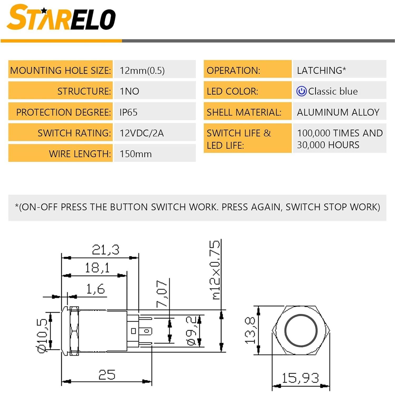 Interruptor de Botón LED STARELO 12mm IP65 5PCS Azul