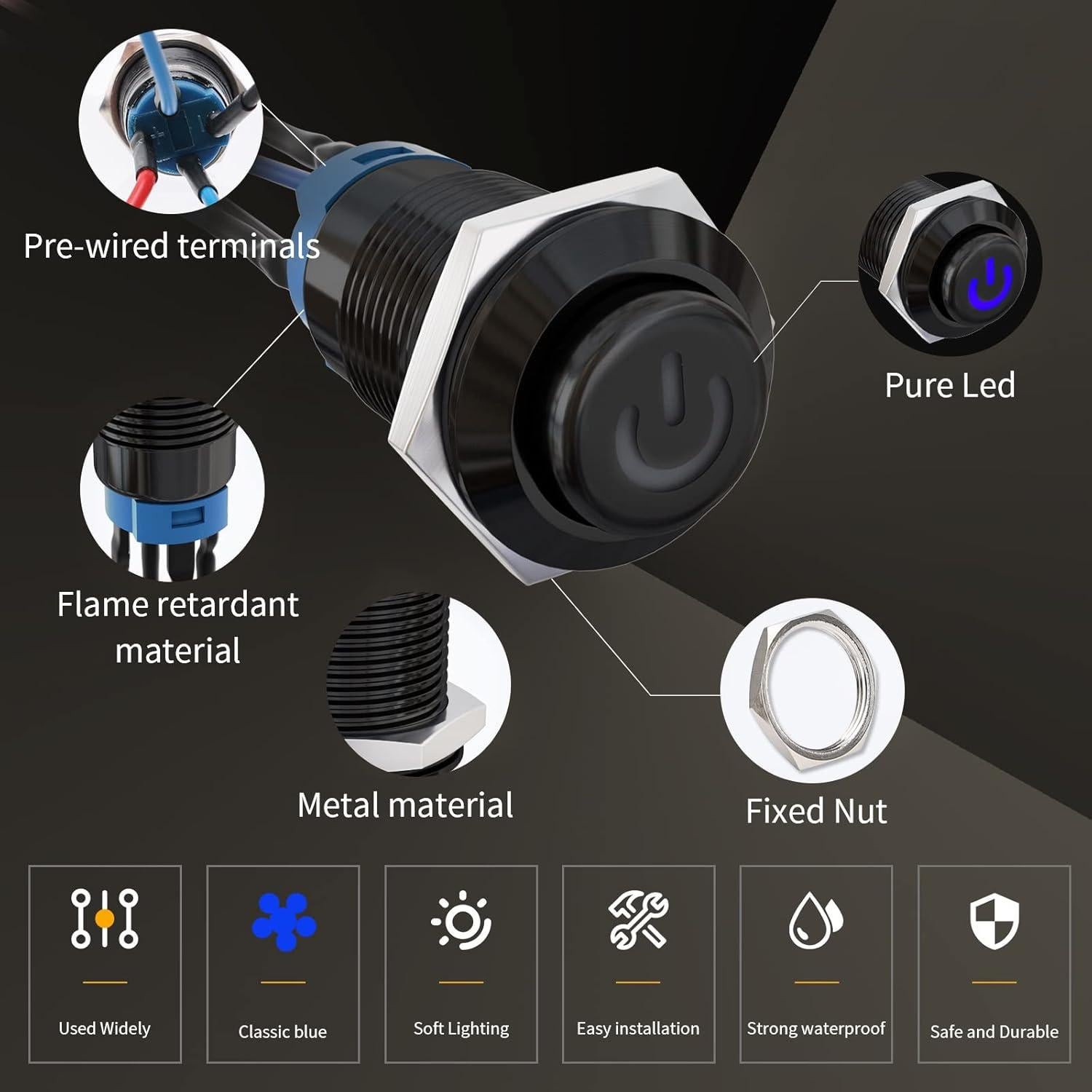 Interruptor de Botón LED STARELO 12mm IP65 5PCS Azul