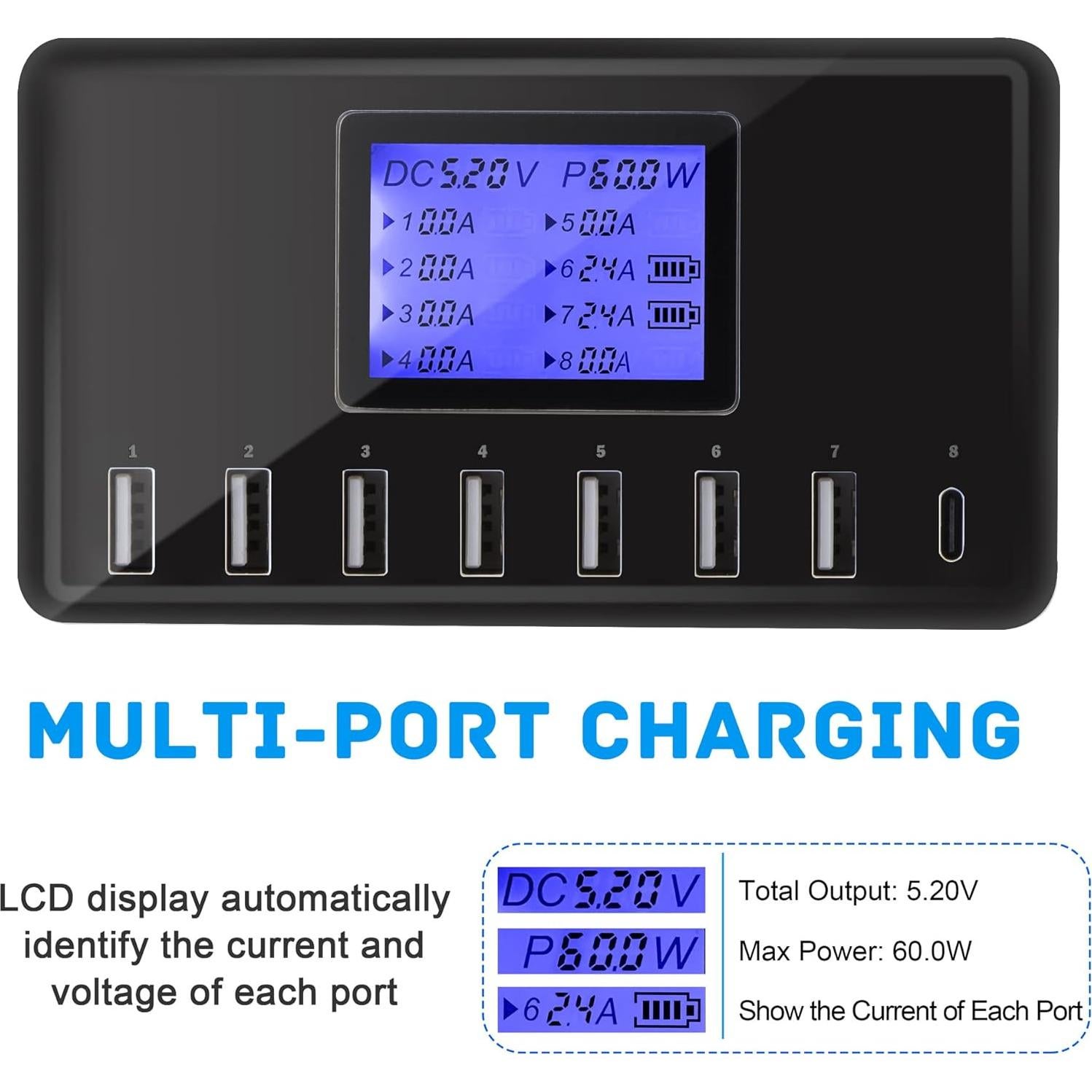 Cargador USB Slitinto 60W 8 Puertos con Pantalla LCD