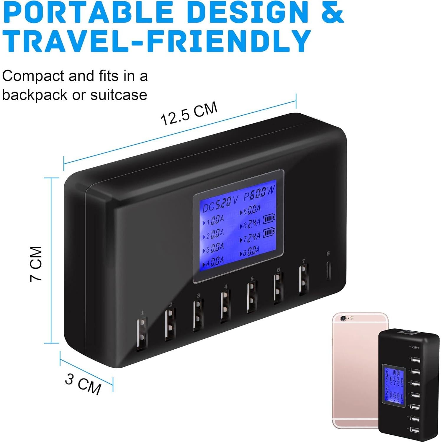 Cargador USB Slitinto 60W 8 Puertos con Pantalla LCD