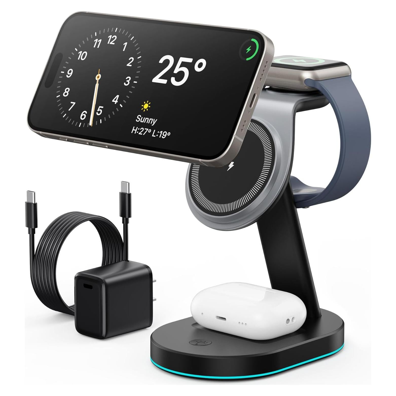 Estación de Carga Inalámbrica 3 en 1 AONIMI con Luz Nocturna