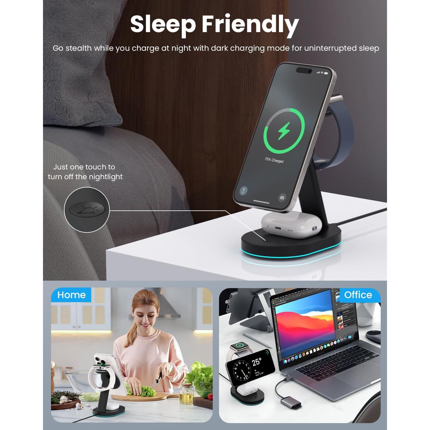 Estación de Carga Inalámbrica 3 en 1 AONIMI con Luz Nocturna