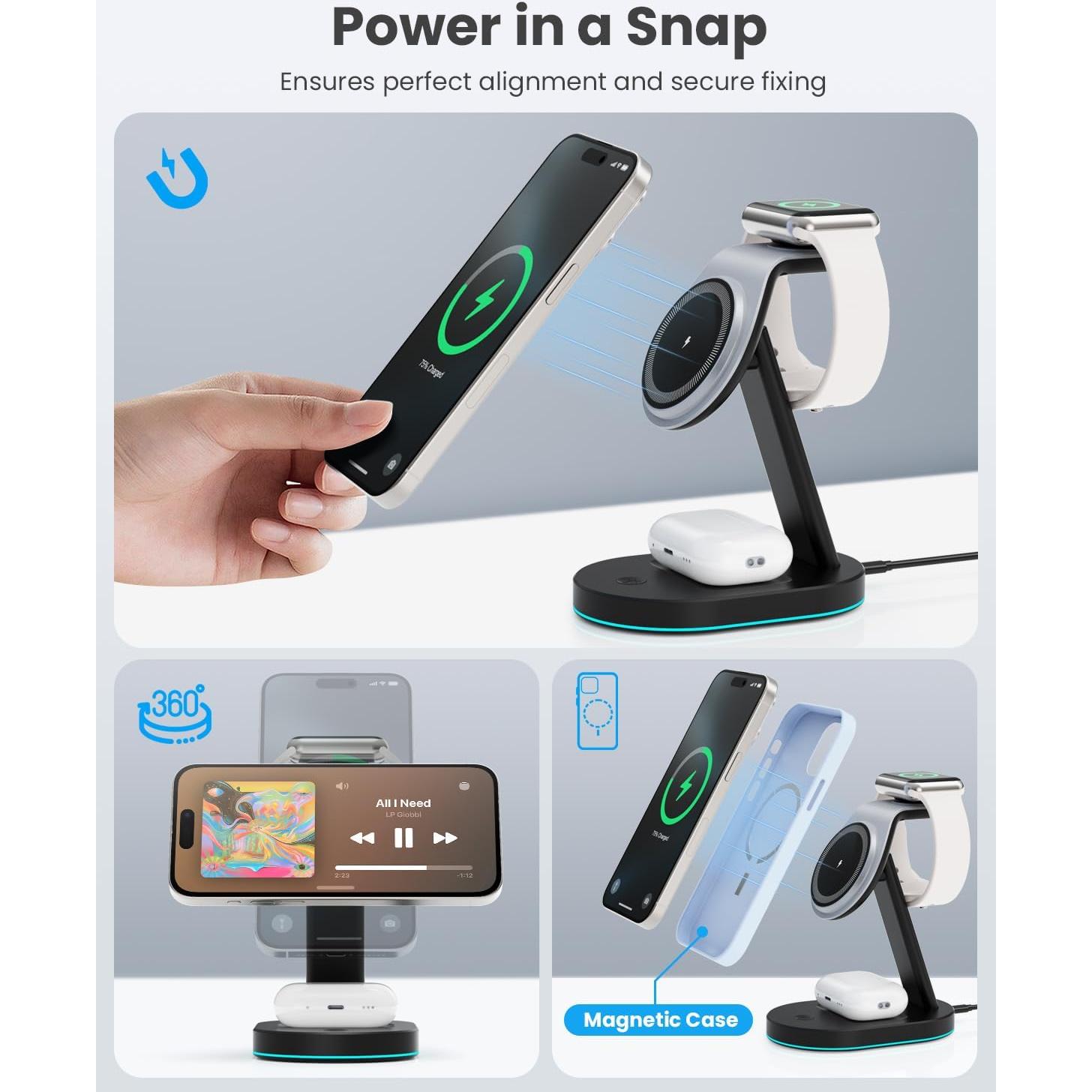 Estación de Carga Inalámbrica 3 en 1 AONIMI con Luz Nocturna