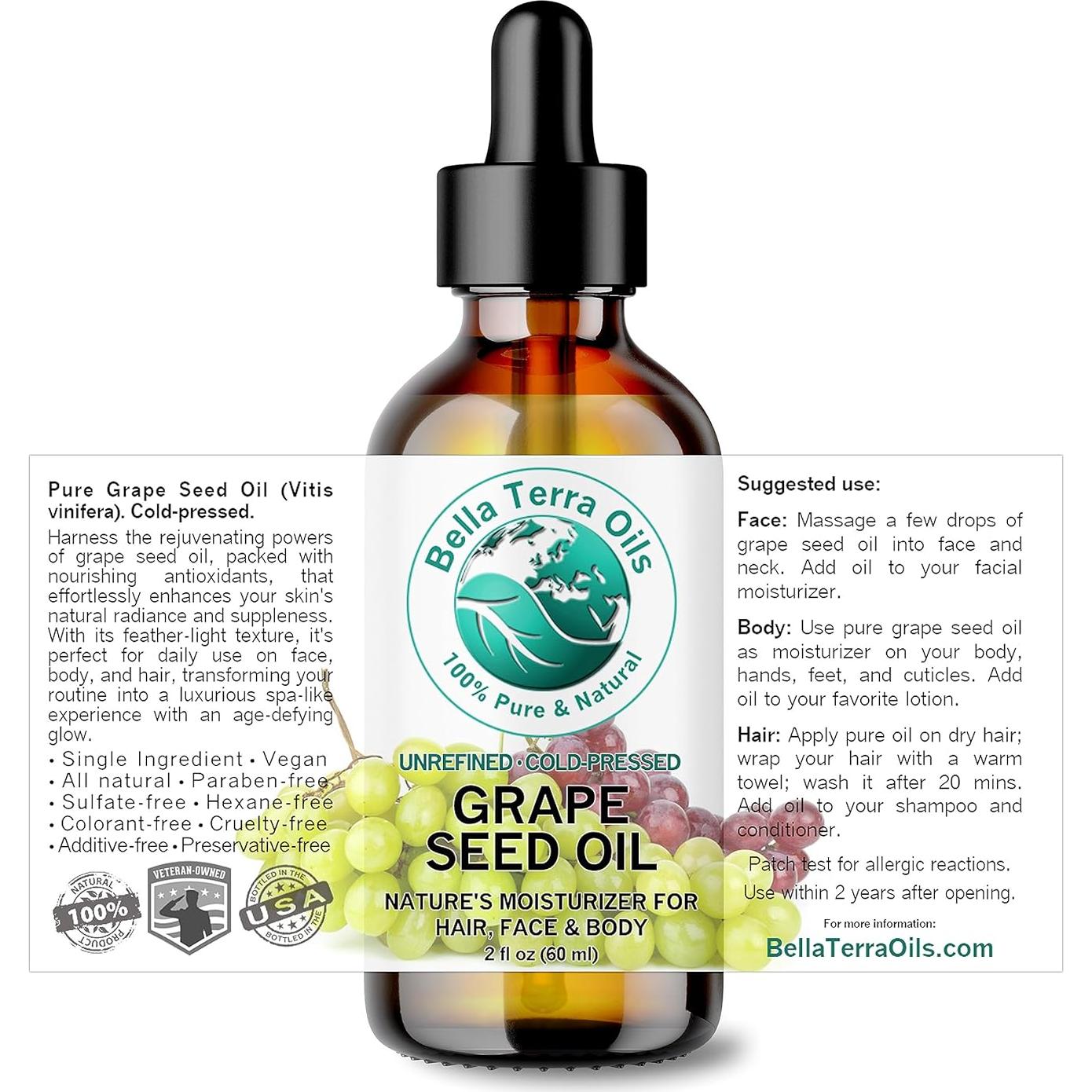 Aceite de Semilla de Uva Orgánico Bella Terra 60 ml Prensado en Frío