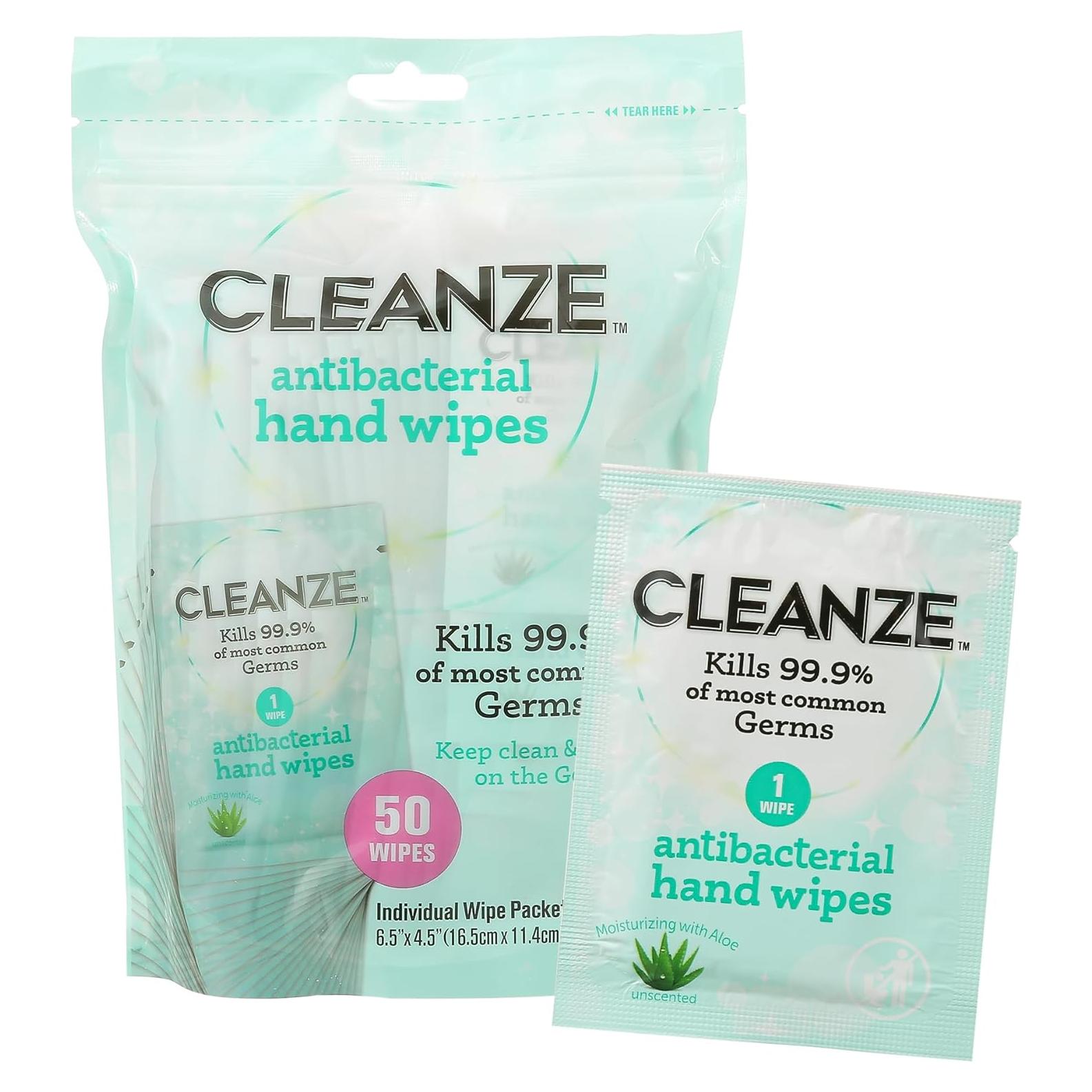 Toallitas Desinfectantes para Manos Cleanze - 50 Unidades Sin Fragancia con Aloe