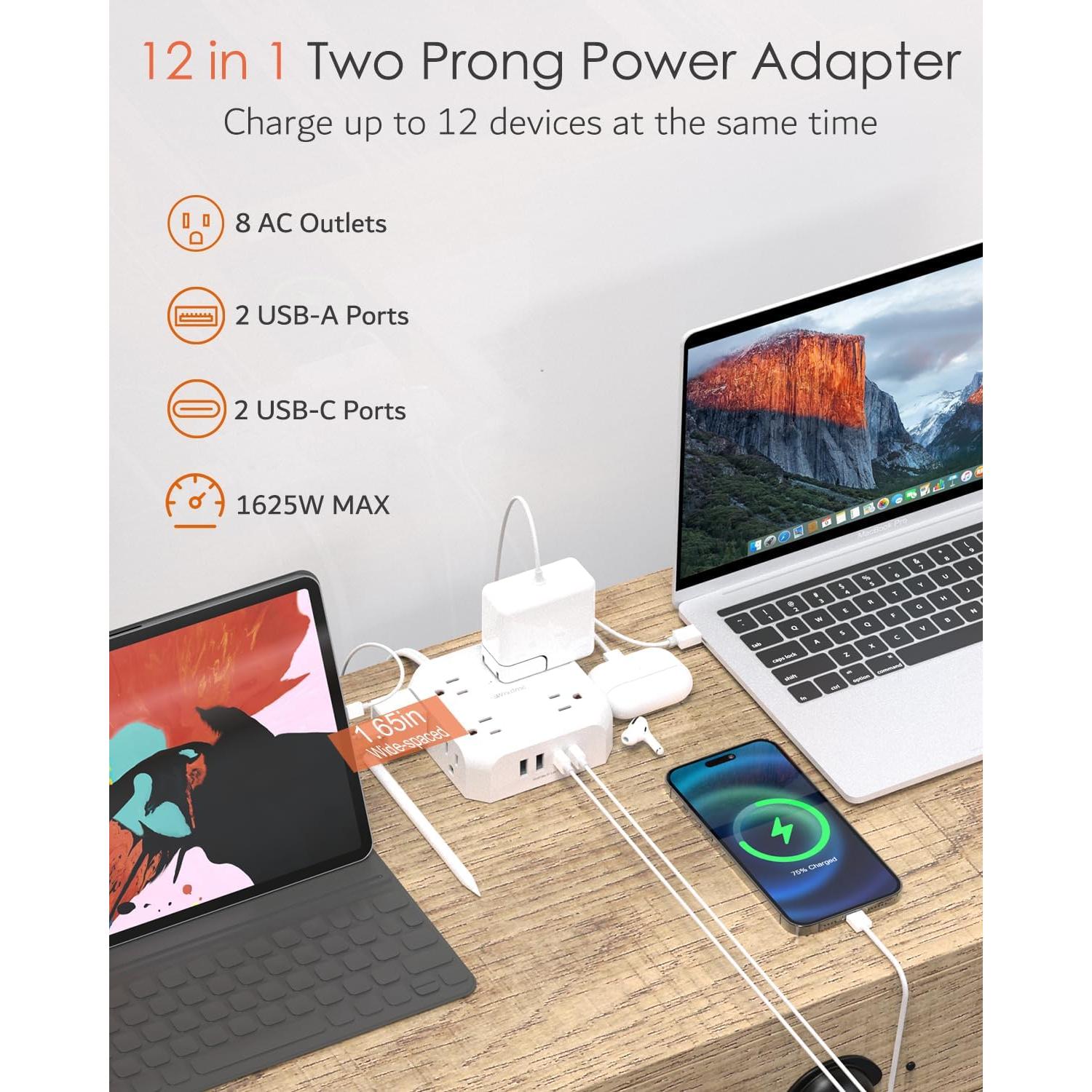 Regleta de 2 Clavijas a 3 Clavijas WRXDMC 8 Salidas AC 4 USB
