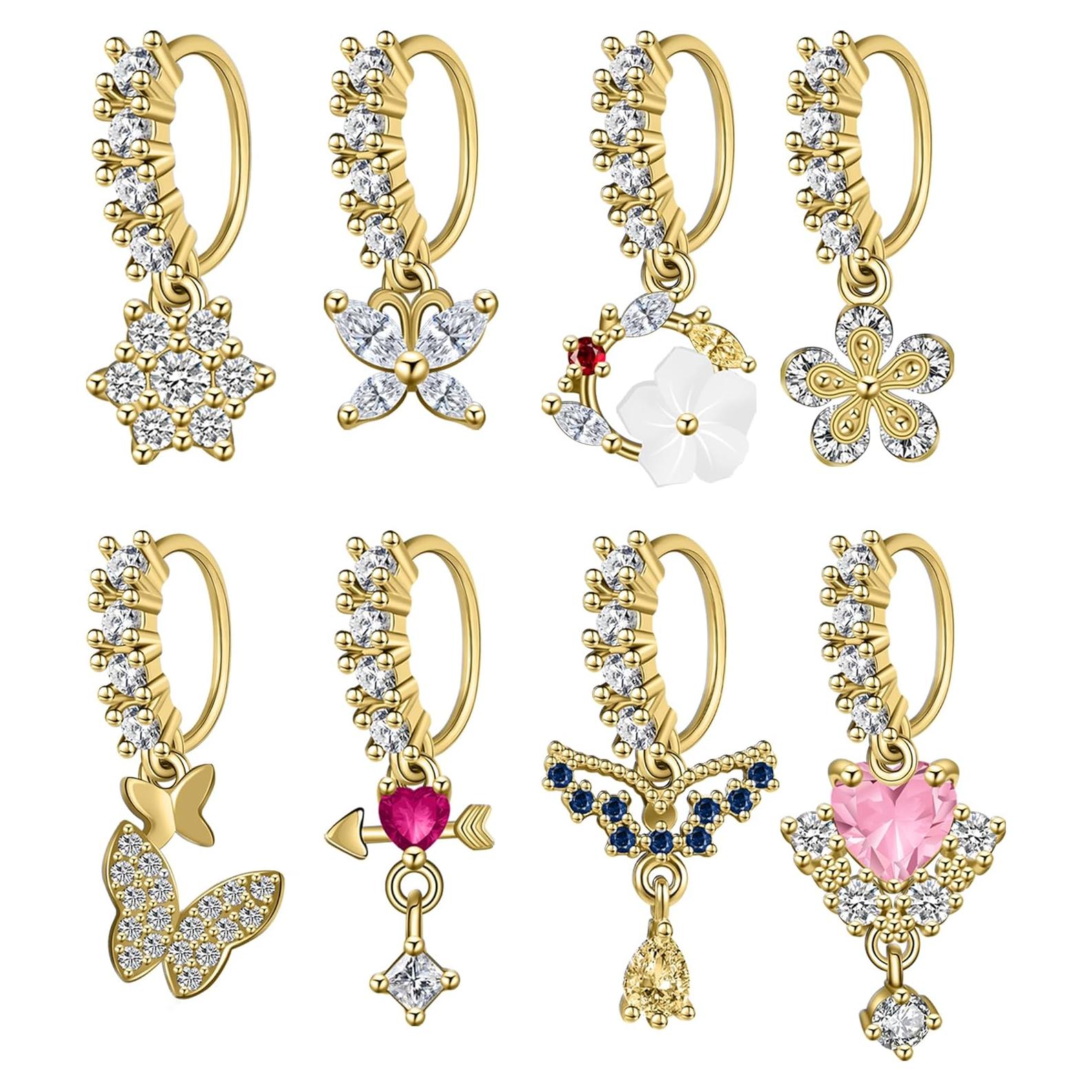 Aros de Nariz Colgantes 6ixGosh 8PCS Acero Inoxidable Oro