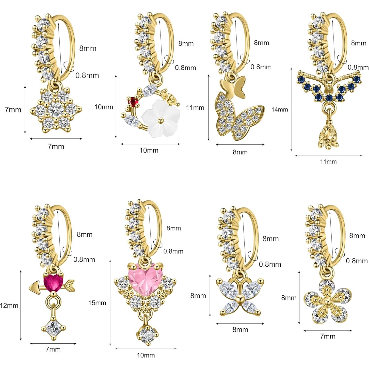 Aros de Nariz Colgantes 6ixGosh 8PCS Acero Inoxidable Oro