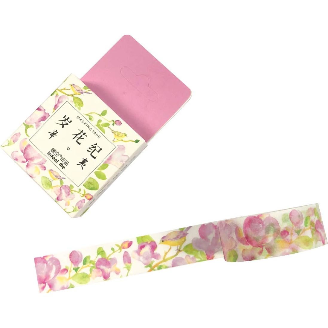 Wrapables Flowers and Greens Washi Masking Tape, 15mm x 7m Birds & Pink Floral