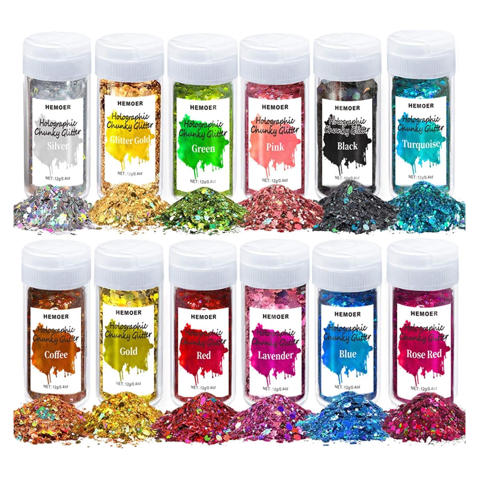 Purpurina Holográfica Gruesa HEMOER 12 Colores 142g