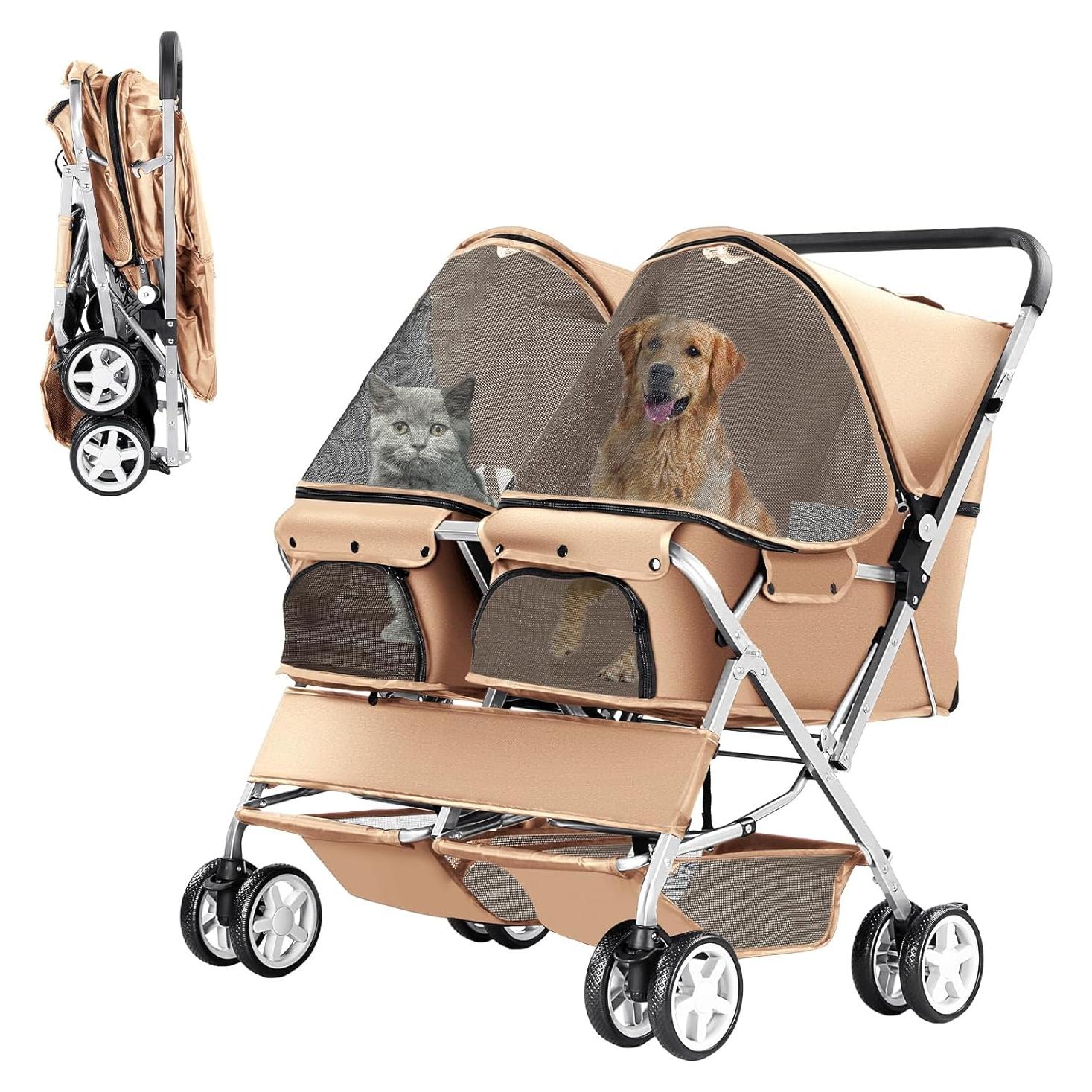 Carrito de Mascotas Doble LPOTIUS Plegable Beige 20 kg