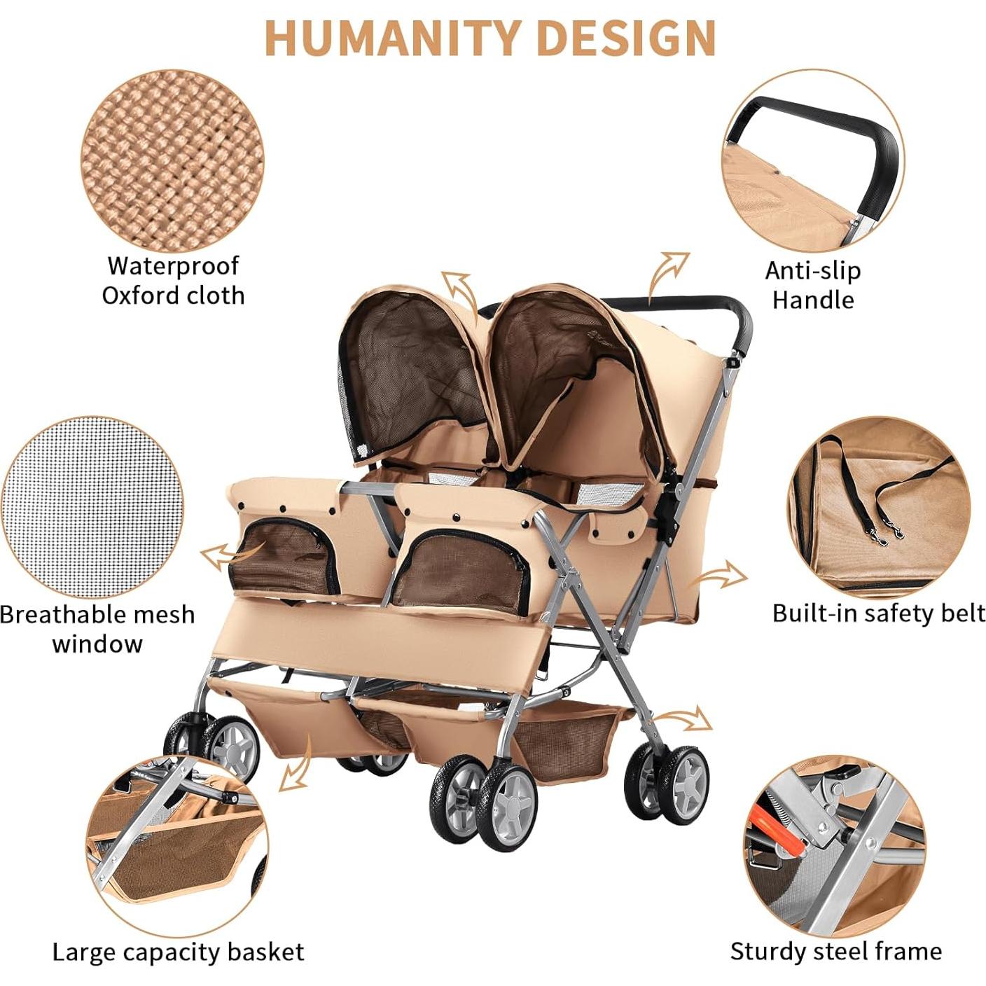 Carrito de Mascotas Doble LPOTIUS Plegable Beige 20 kg