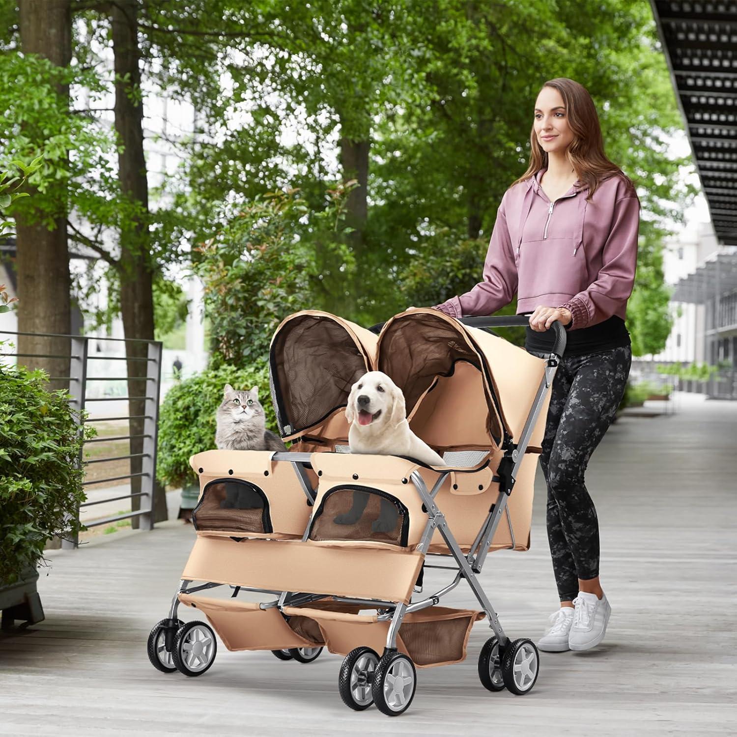 Carrito de Mascotas Doble LPOTIUS Plegable Beige 20 kg