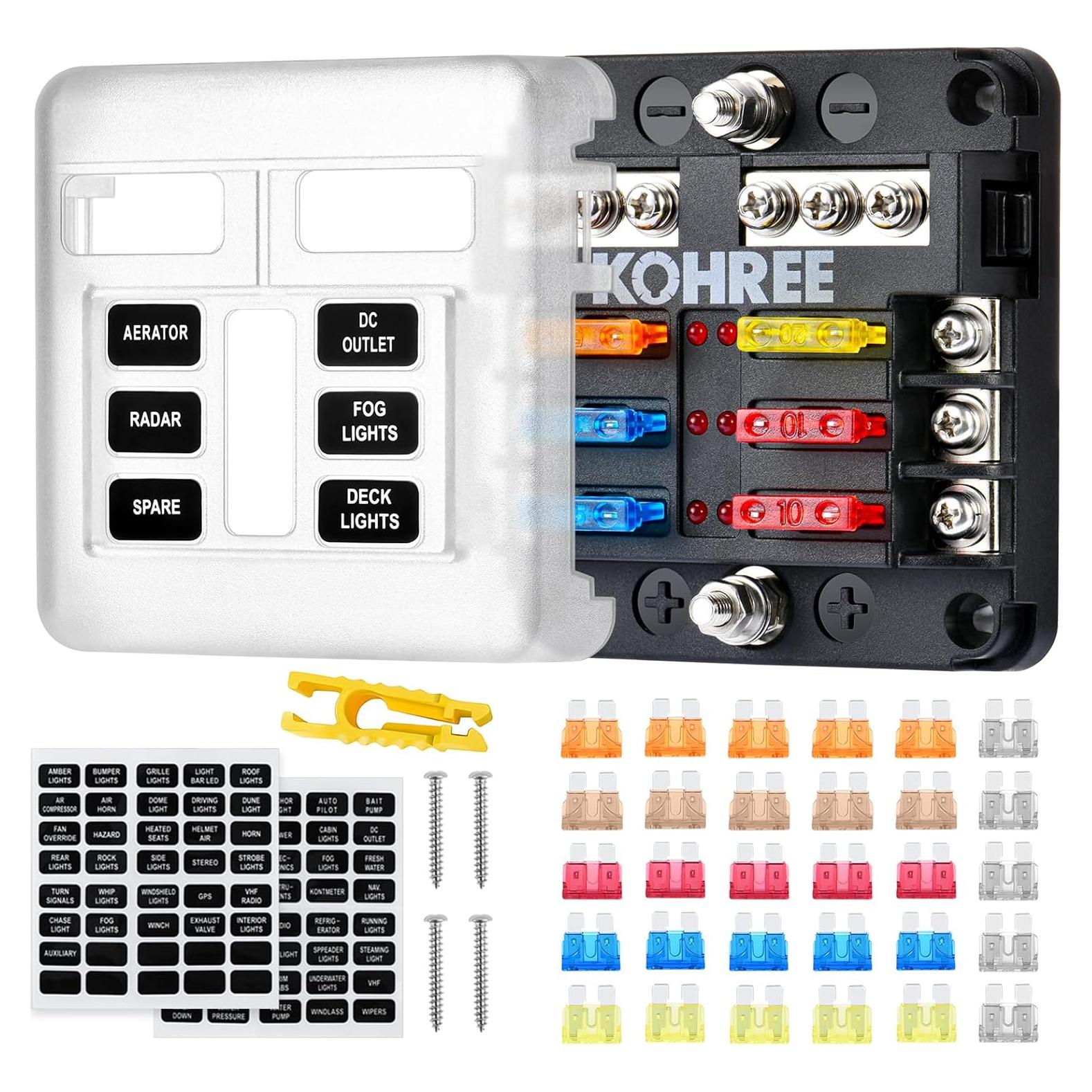 Bloque de Fusibles Marinos Kohree 6 Vías 12V Impermeable