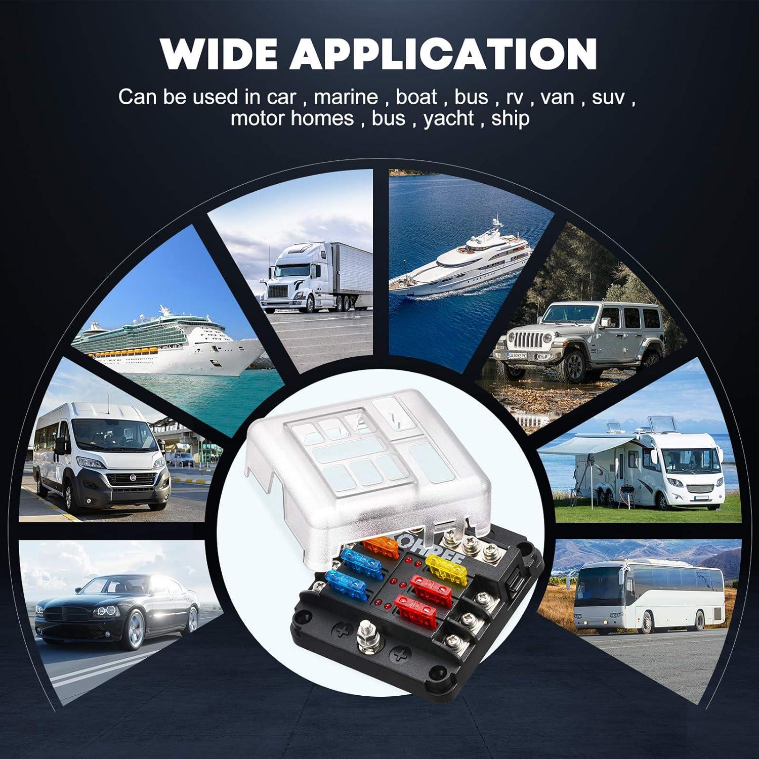 Bloque de Fusibles Marinos Kohree 6 Vías 12V Impermeable