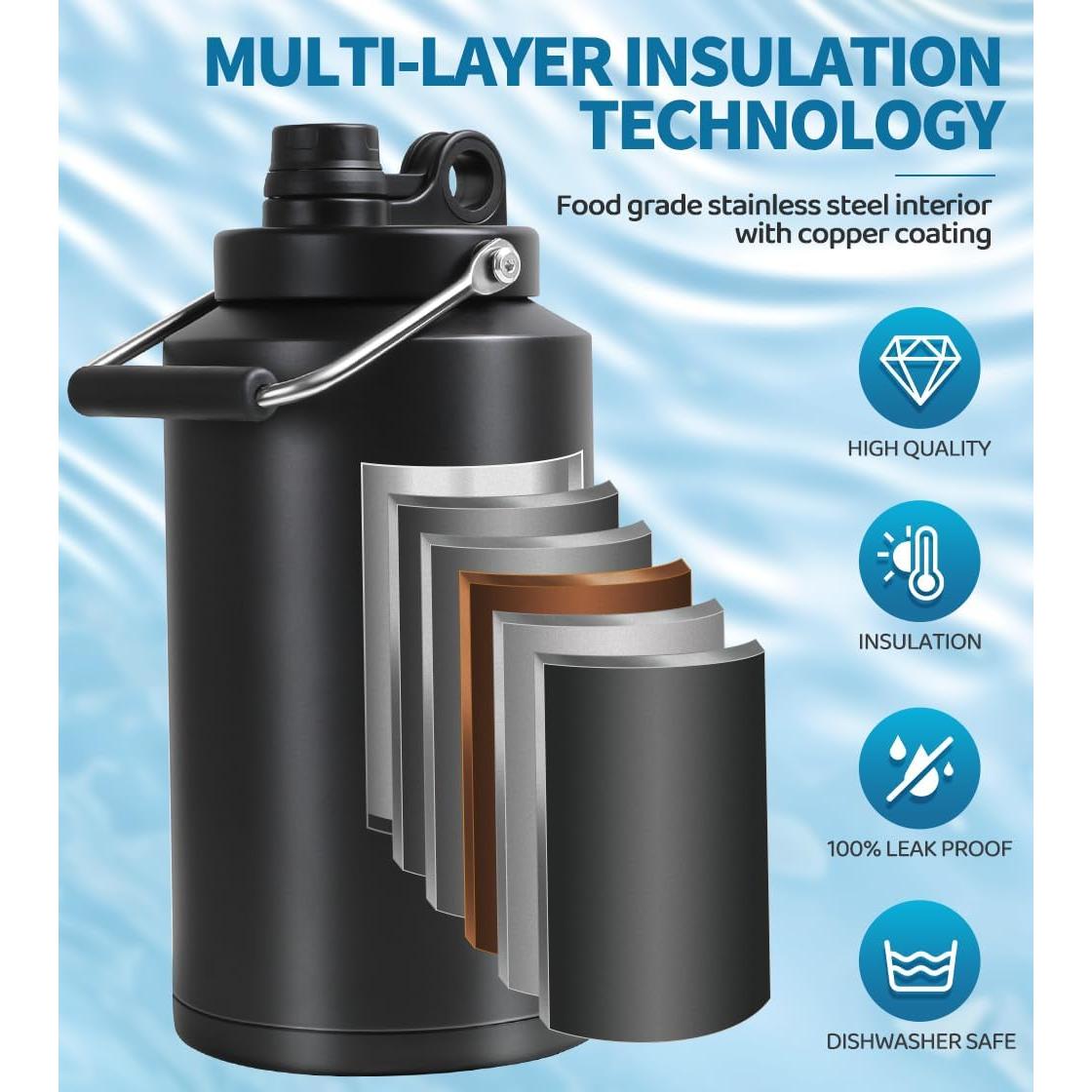 Jarra de Agua Aislada GAGANIU 1 Galón Acero Inoxidable Negra