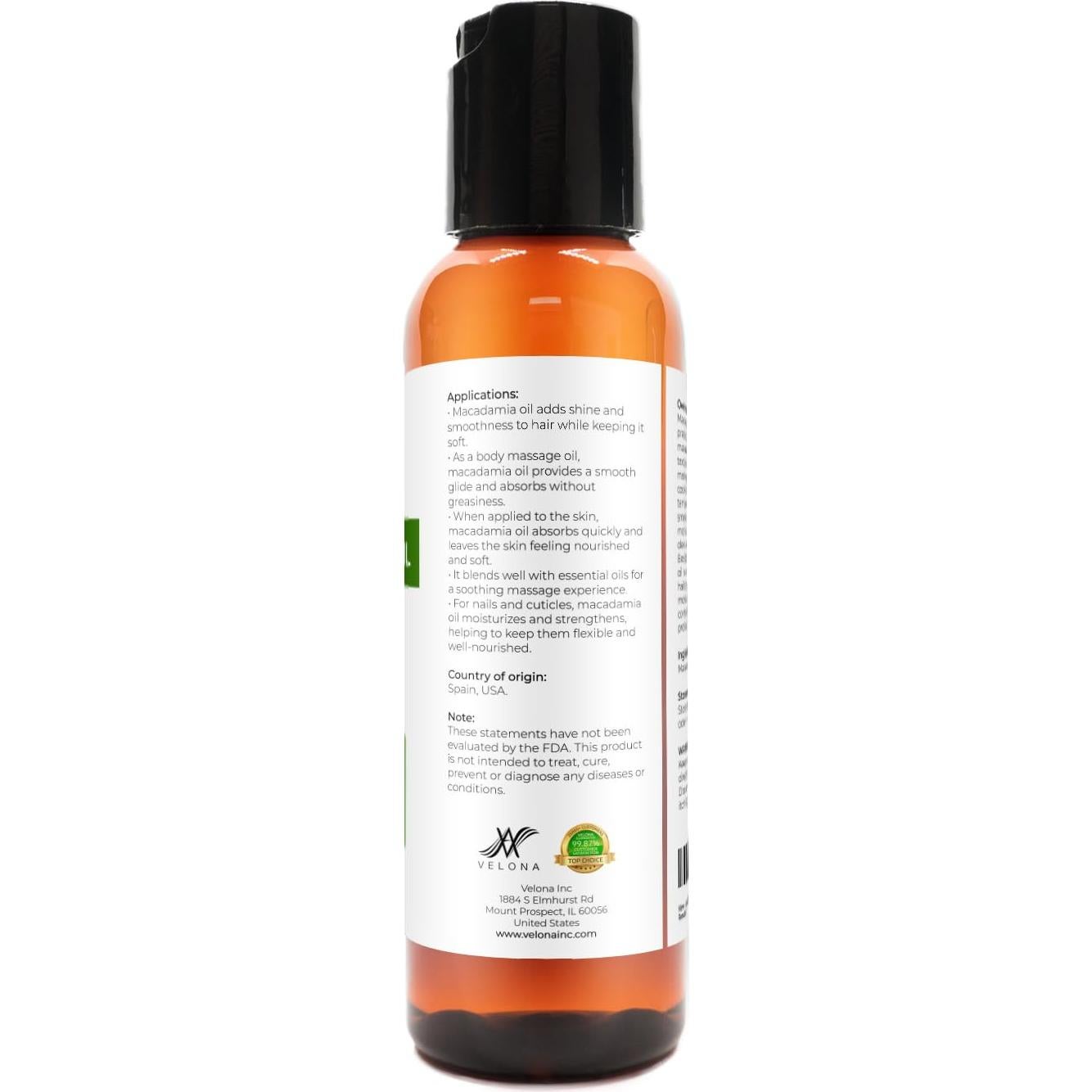 Aceite de Nuez de Macadamia Velona 60 ml 100% Puro y Natural