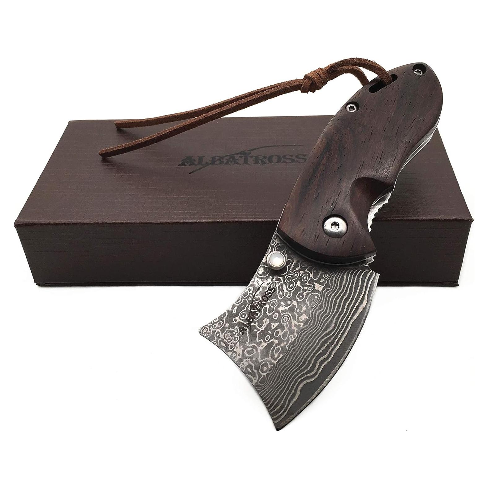 Cuchillo Plegable Damasco ALBATROSS HGDK002 - Hoja 52mm, Mango de Sándalo