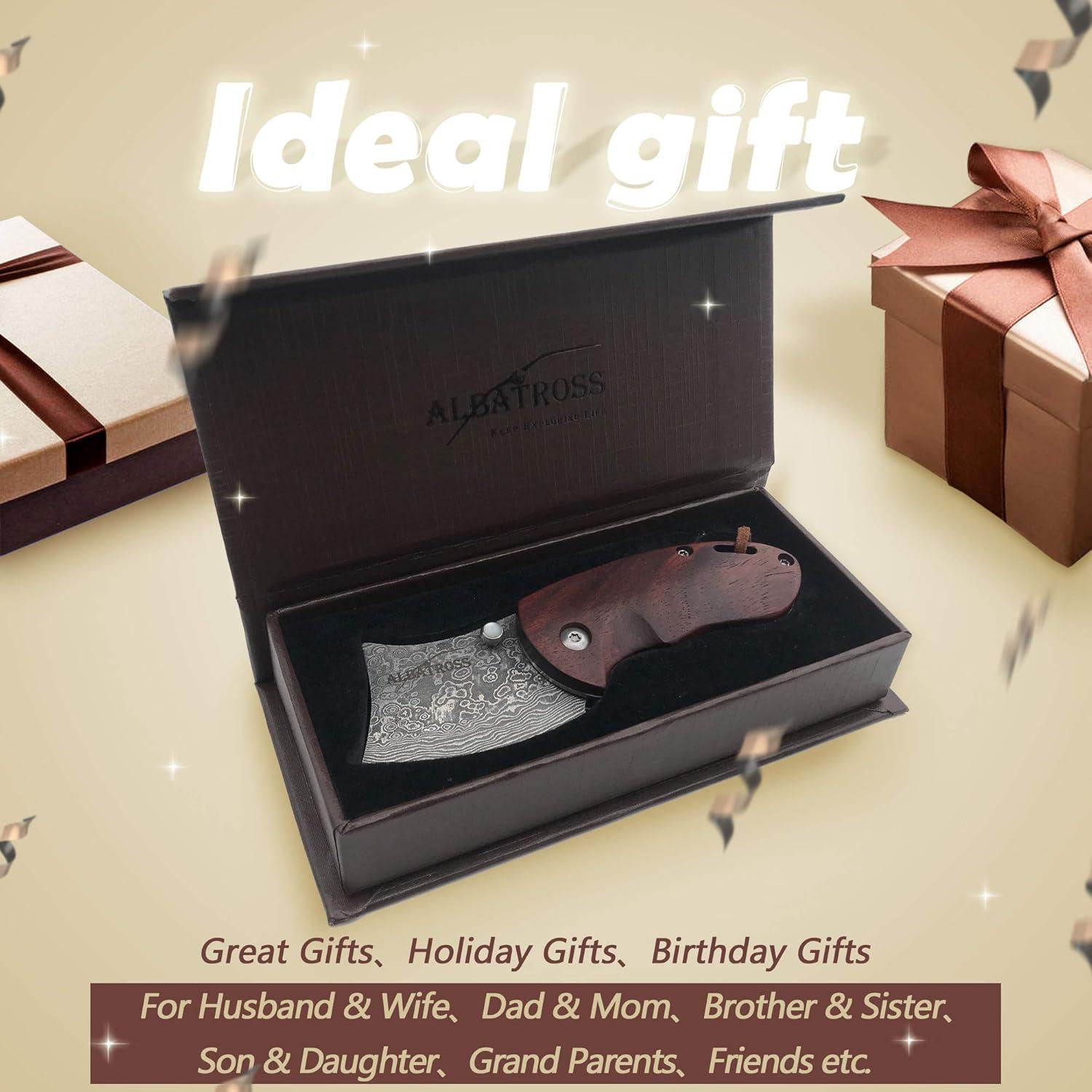 Cuchillo Plegable Damasco ALBATROSS HGDK002 - Hoja 52mm, Mango de Sándalo