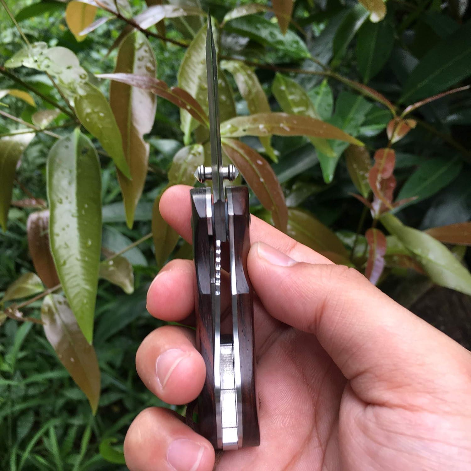 Cuchillo Plegable Damasco ALBATROSS HGDK002 - Hoja 52mm, Mango de Sándalo