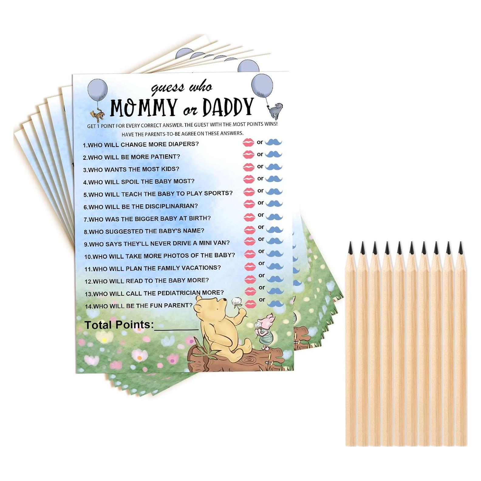 30 Tarjetas de Juegos de Baby Shower Winnie - Adivina Quién es Mamá o Papá